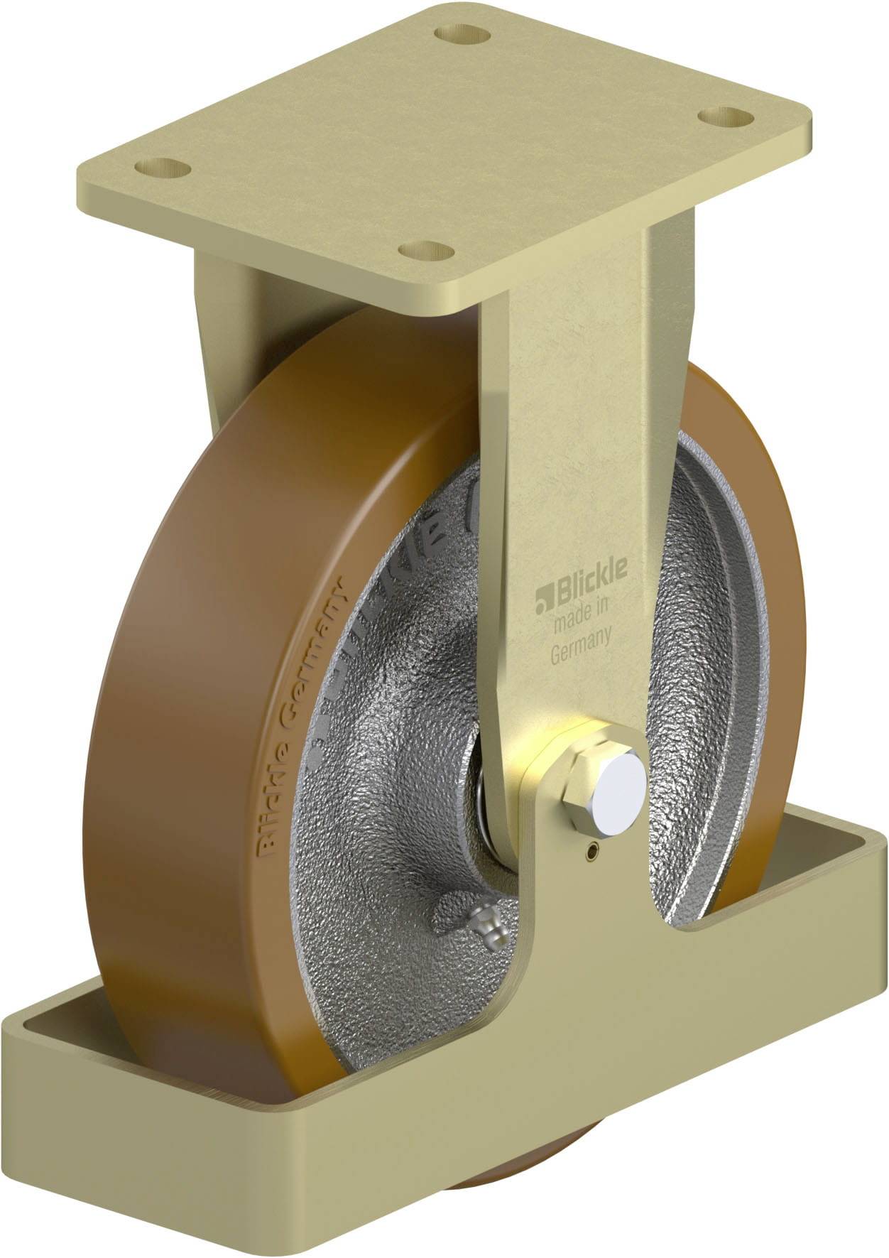 Braunes Industrierad aus Metall und Gummi montiert auf einer goldfarbenen Halterung; dient als Schwerlastrolle in Maschinen.