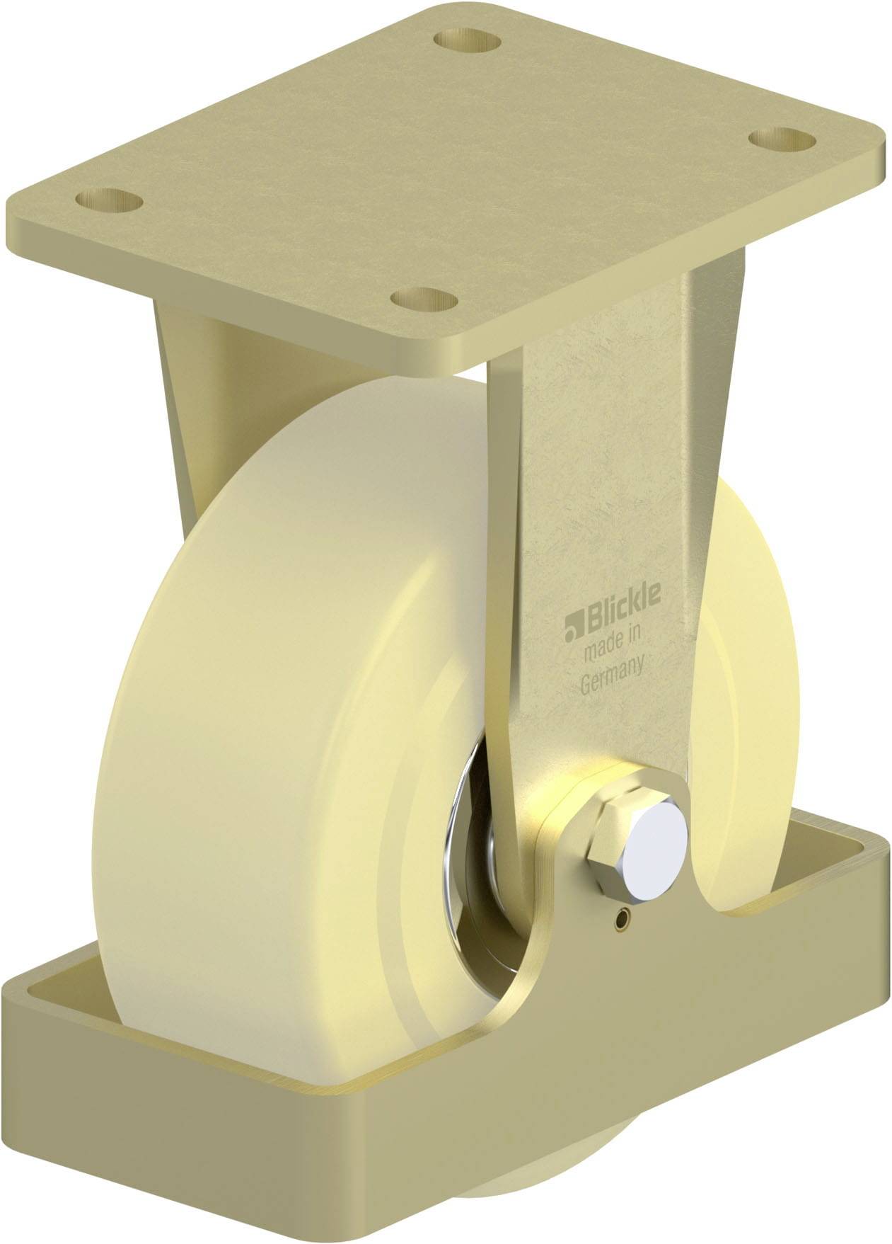 Eine stabile, beige Schwerlastrolle mit rechteckiger Metallplatte und abgeschrägtem Gehäuse. Markiert mit 'Blickle'.