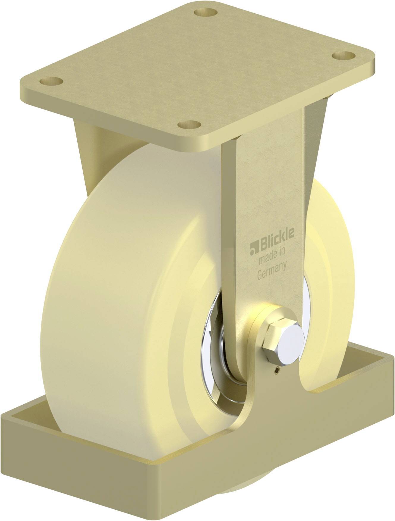 Schwerlastrolle aus Metall und Kunststoff mit einem rechteckigen Montageplatte, geeignet für industrielle Anwendungen.