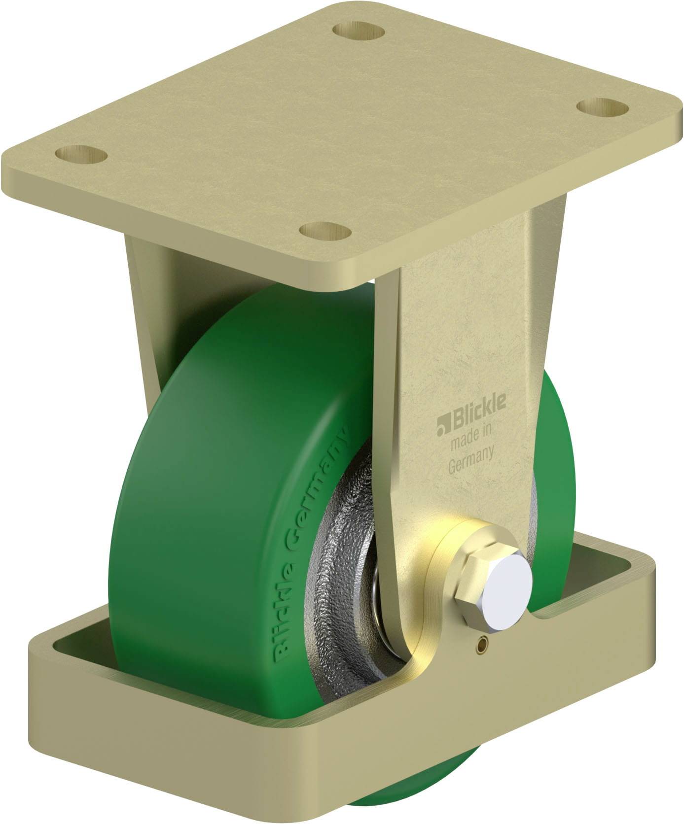 Ein grünes, robustes Rad mit goldener Halterung, markiert mit 'Blickle', auf einem flexiblen Metallgelenk, für schwere Lasten geeignet.