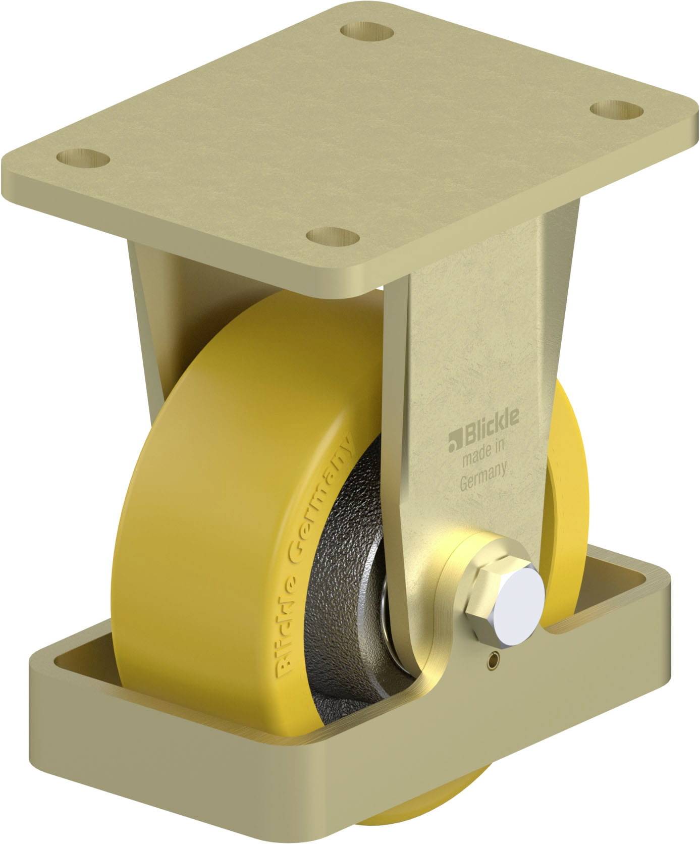 Ein gelbes Rad mit Metallhalterung, hergestellt von Blicke Germany. Es scheint Teil einer Industrie- oder Transportausstattung zu sein.