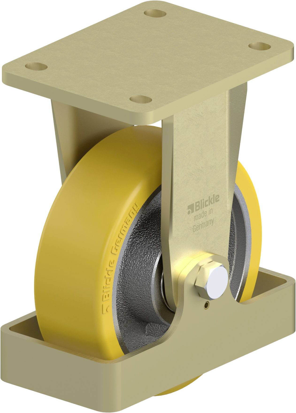 Ein gelbes Schwerlast-Lenkrolle, montiert auf einer rechteckigen Metallplatte, geeignet für industrielle Anwendungen.