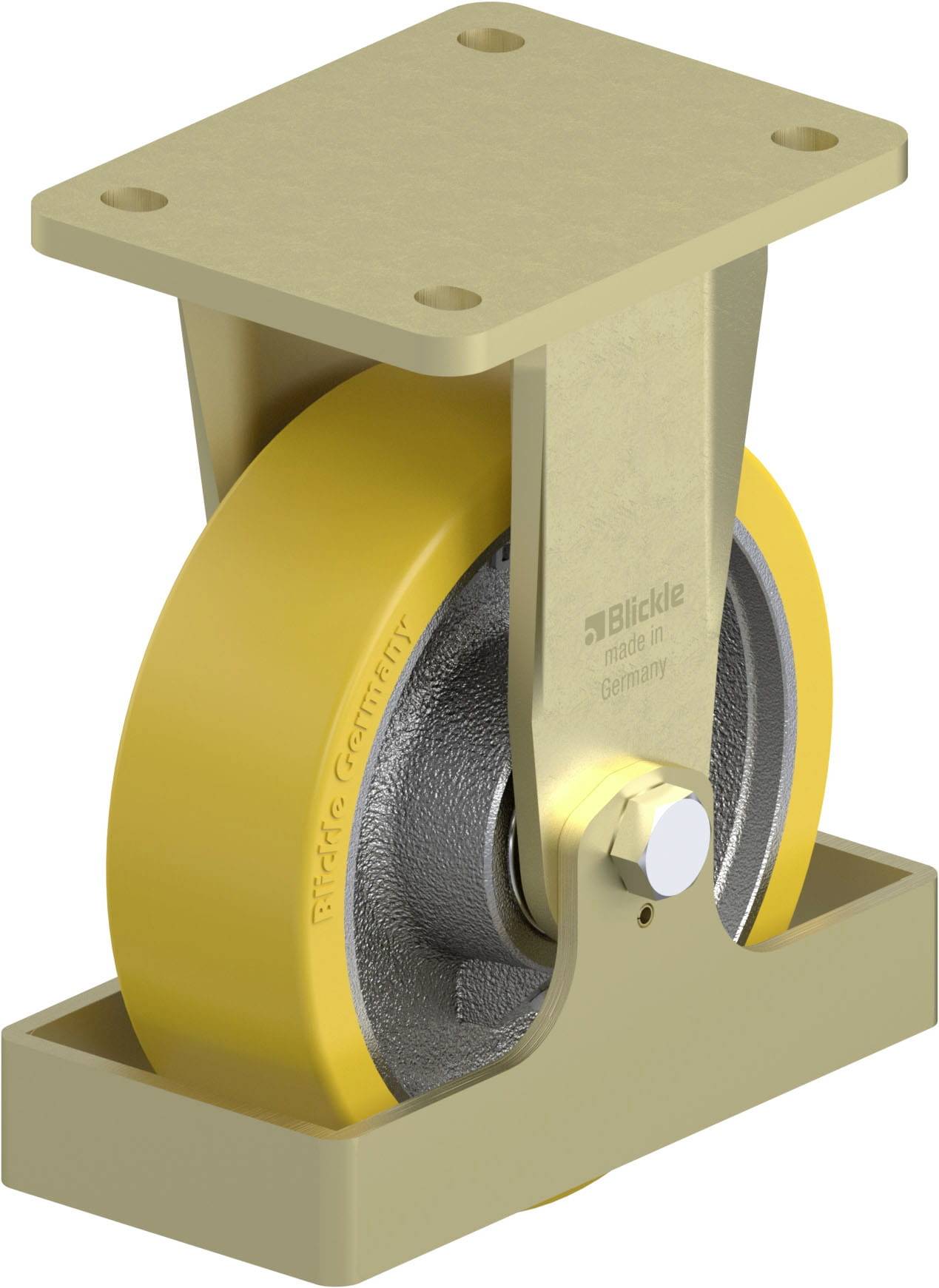 'Laufrolle mit gelbem Rad, befestigt an einer Metallplatte, Markenname 'Blickle' sichtbar auf der Halterung. Verwendung in Industrieumgebungen.'