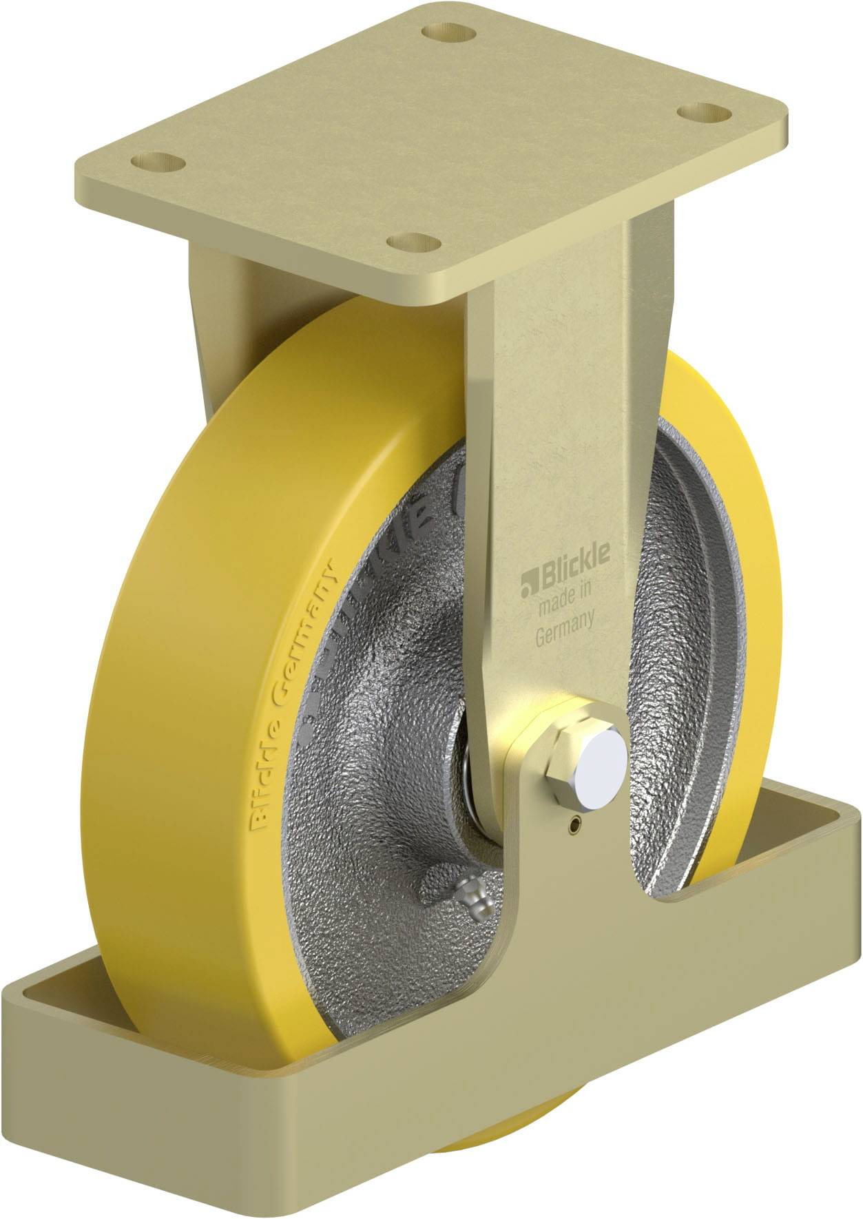 Schwerlast-Rolle mit gelbem Rad in gelbem Gehäuse, geeignet für industrielle Anwendungen. Aufdruck 'Blickle Made in Germany'.