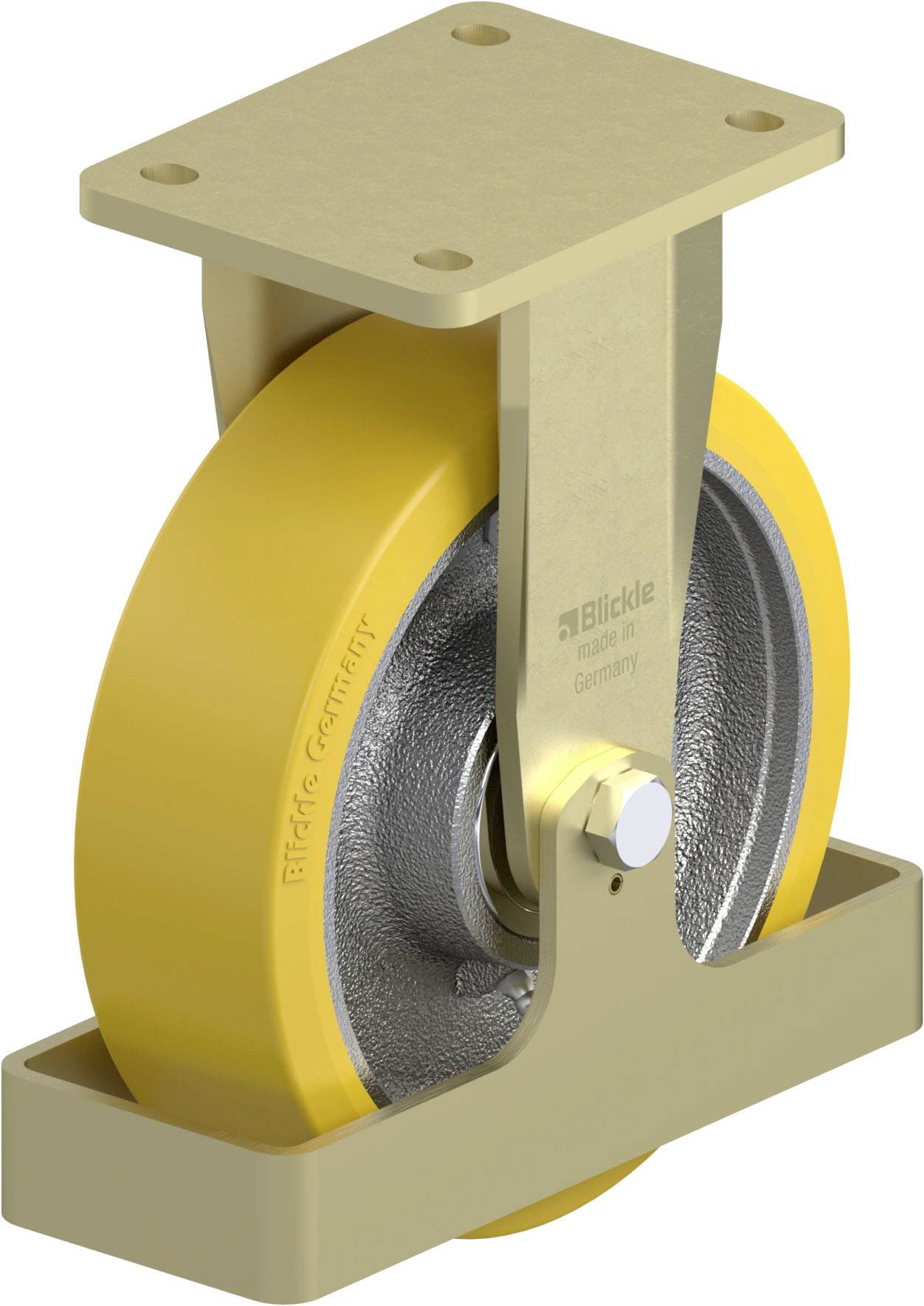 Gelbes Metallrad mit Halterung, möglicherweise für industrielle Wagen oder Maschinen. Gekennzeichnet mit 'Blickle - Germany'.