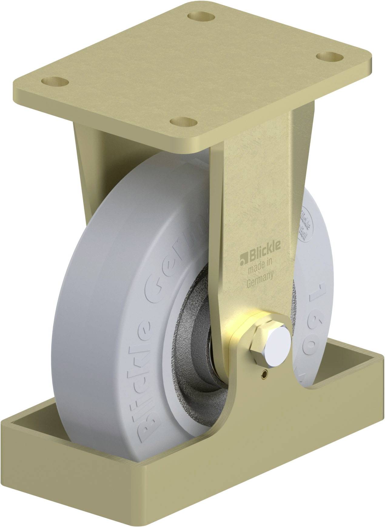 Ein goldenes Schwerlastrollenlager mit grauem Rad, geeignet für industrielle Anwendungen, hergestellt von der Marke Bickle.