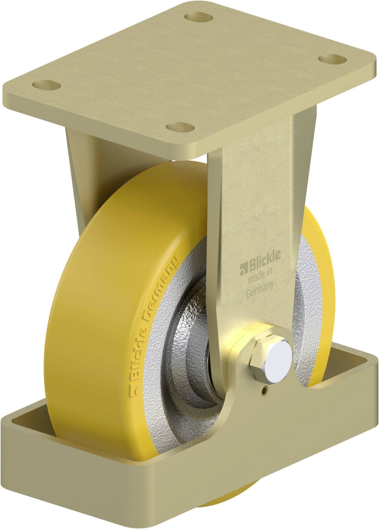 Industrie-Lenkrolle mit gelbem Rad und robustem Metallrahmen, seitlicher Aufschrift 'Blickle'.