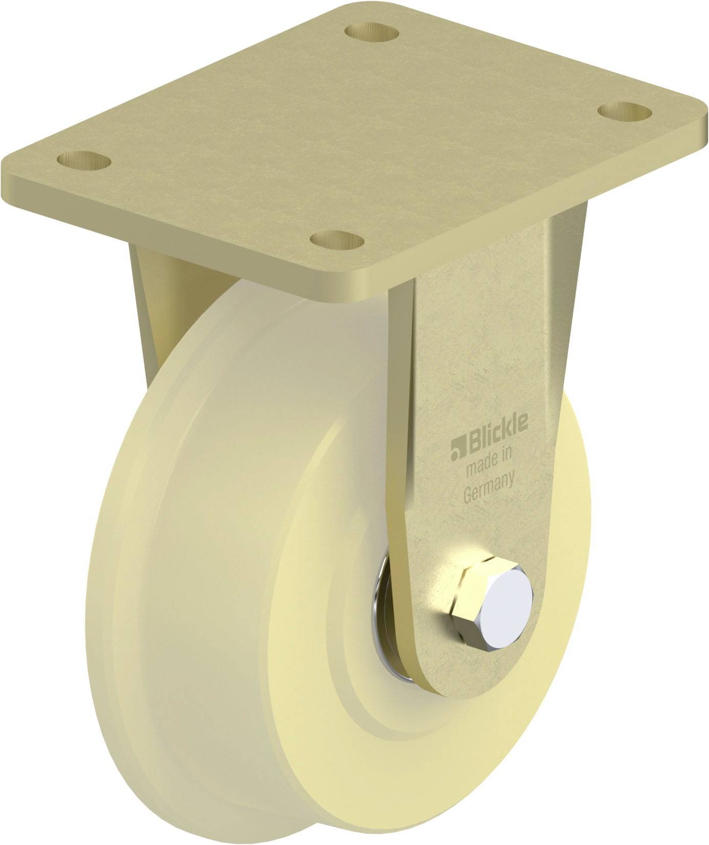 Metalllenkrolle mit gelbem Rad und Befestigungsplatte, geeignet für Möbel oder Geräte; Aufschrift 'Blickle made in Germany'.