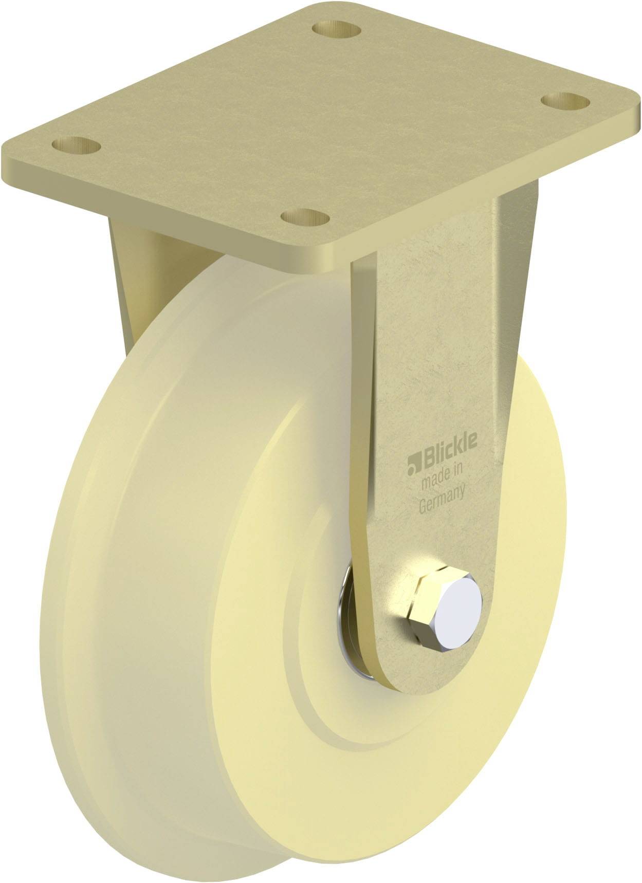 Industrie-Lenkrolle mit goldfarbenem Gehäuse und beige Rad. Verwendet zur Mobilität von Maschinen oder Möbeln.