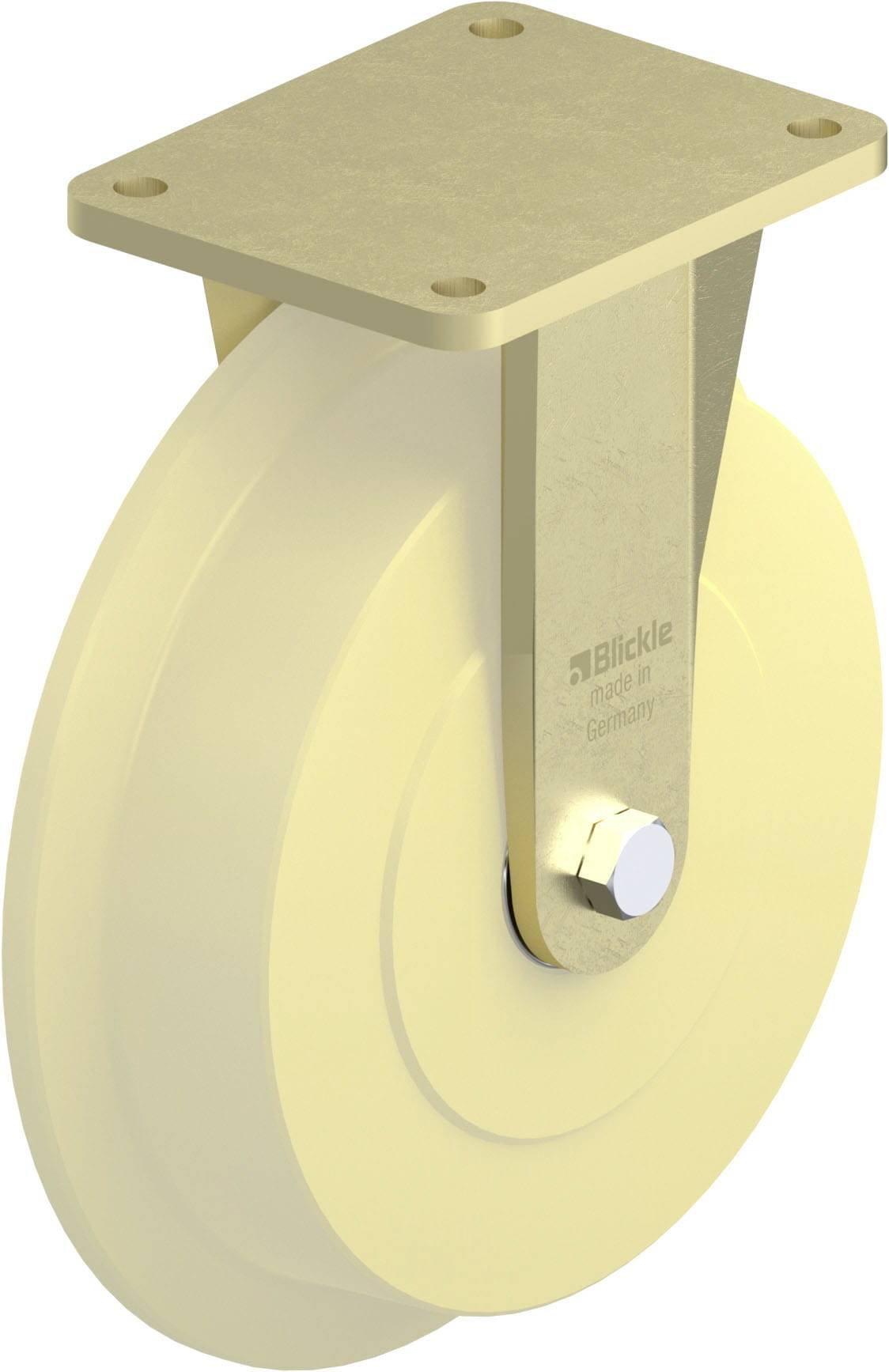 'Rolle mit Befestigungsplatte', beige, Metallbeschlag oben, geeignet für Schwerlastanwendungen. Logo und Beschriftung auf der Befestigung sichtbar.