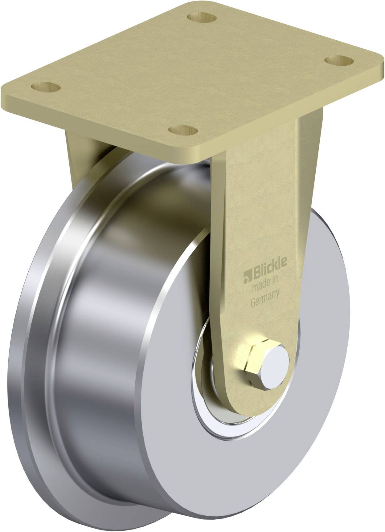 Industrie-Schwerlastrolle mit goldener Halterung und silbernem Rad. Markierung mit 'Blickle made in Germany' an der Halterung.