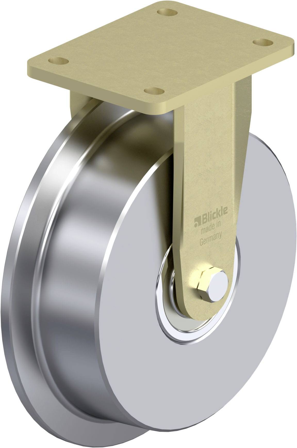 Industrie-Rad mit Metallhalterung für schwere Lasten, geeignet für Maschinen oder Transportgeräte.