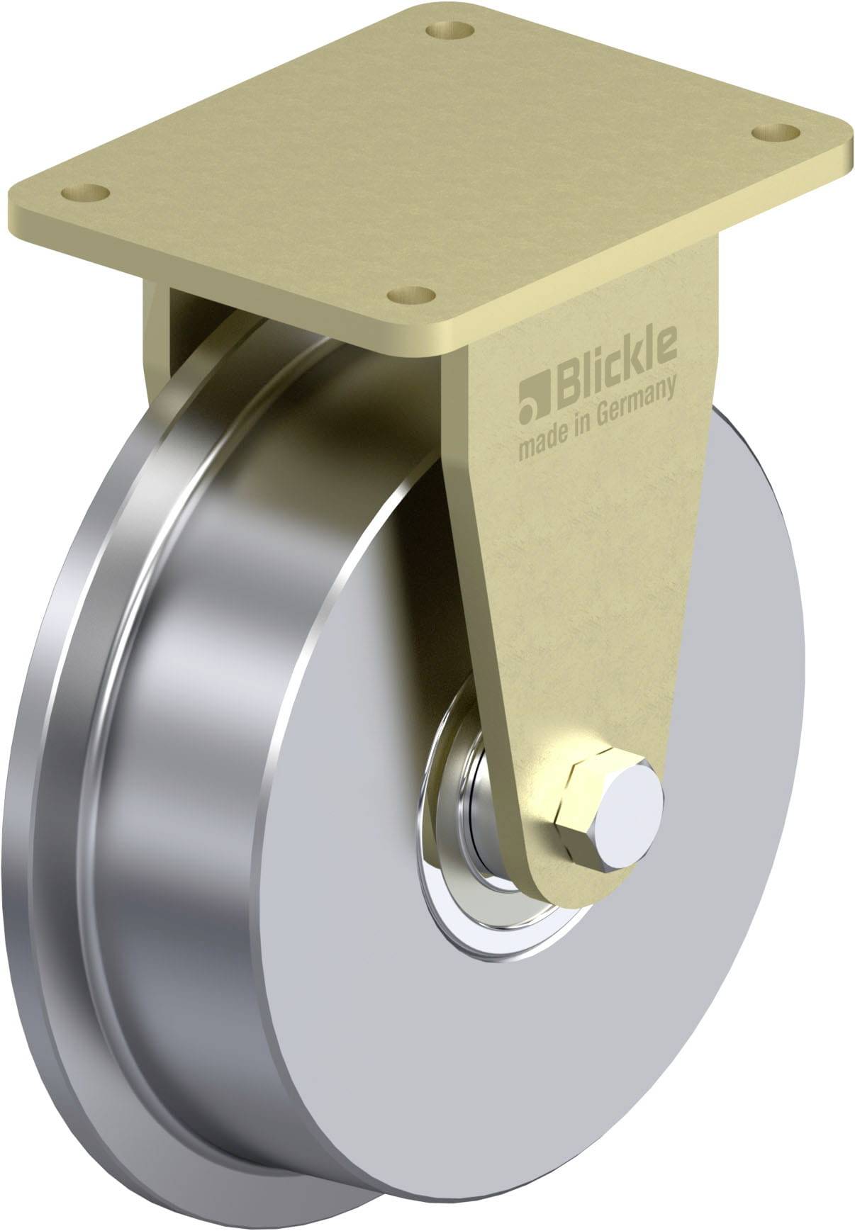 Industrielles Rad aus Metall mit goldfarbenem Befestigungsrahmen. Aufschrift 'Blickle Made in Germany' auf dem Rahmen.