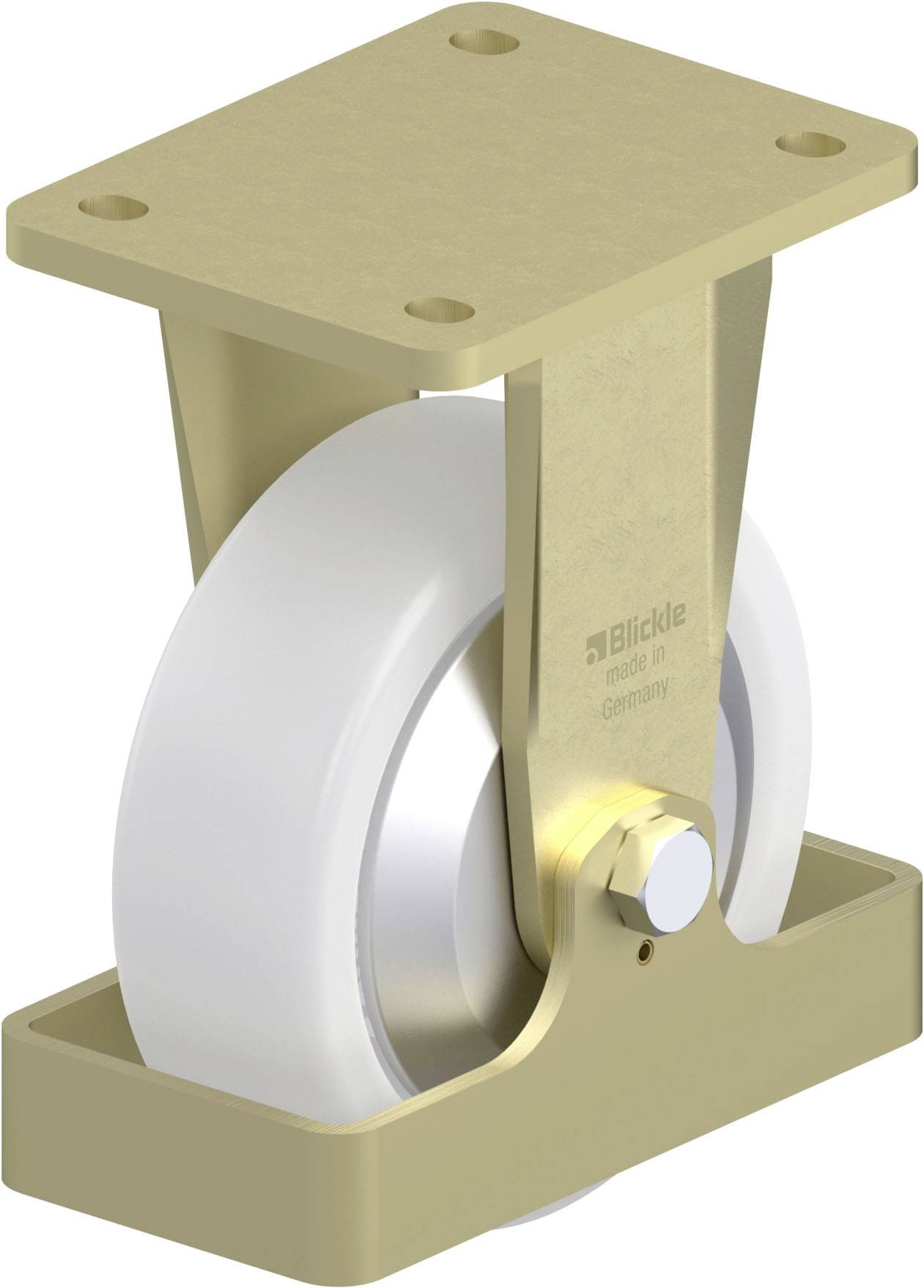 Metallisches, schwenkbares Lenkrad mit weißem Rad und rechteckiger, goldfarbener Halterung, geeignet für den industriellen Einsatz.