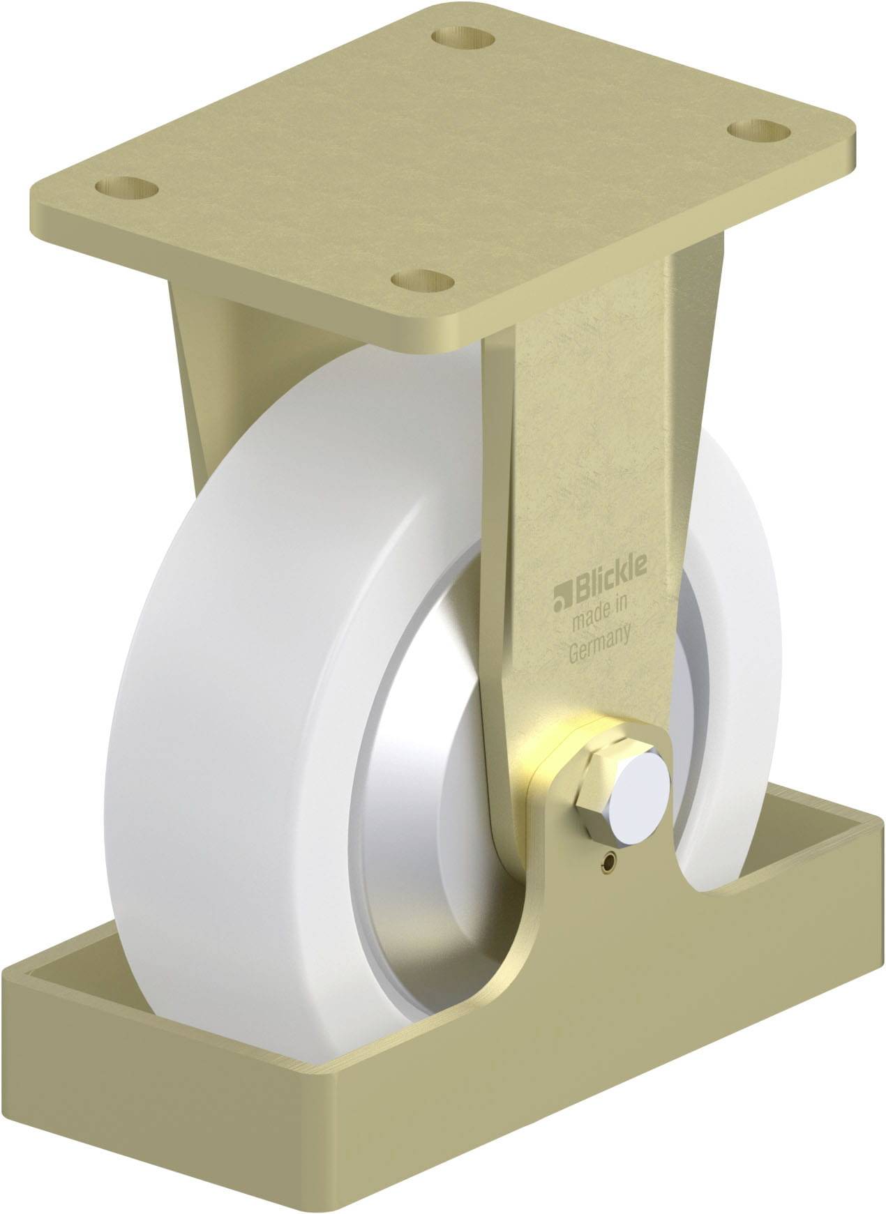 Industrierolle mit rechteckiger, goldener Metallhalterung und weißem Rad. Aufschrift auf der Halterung: 'Blickle Made in Germany'.
