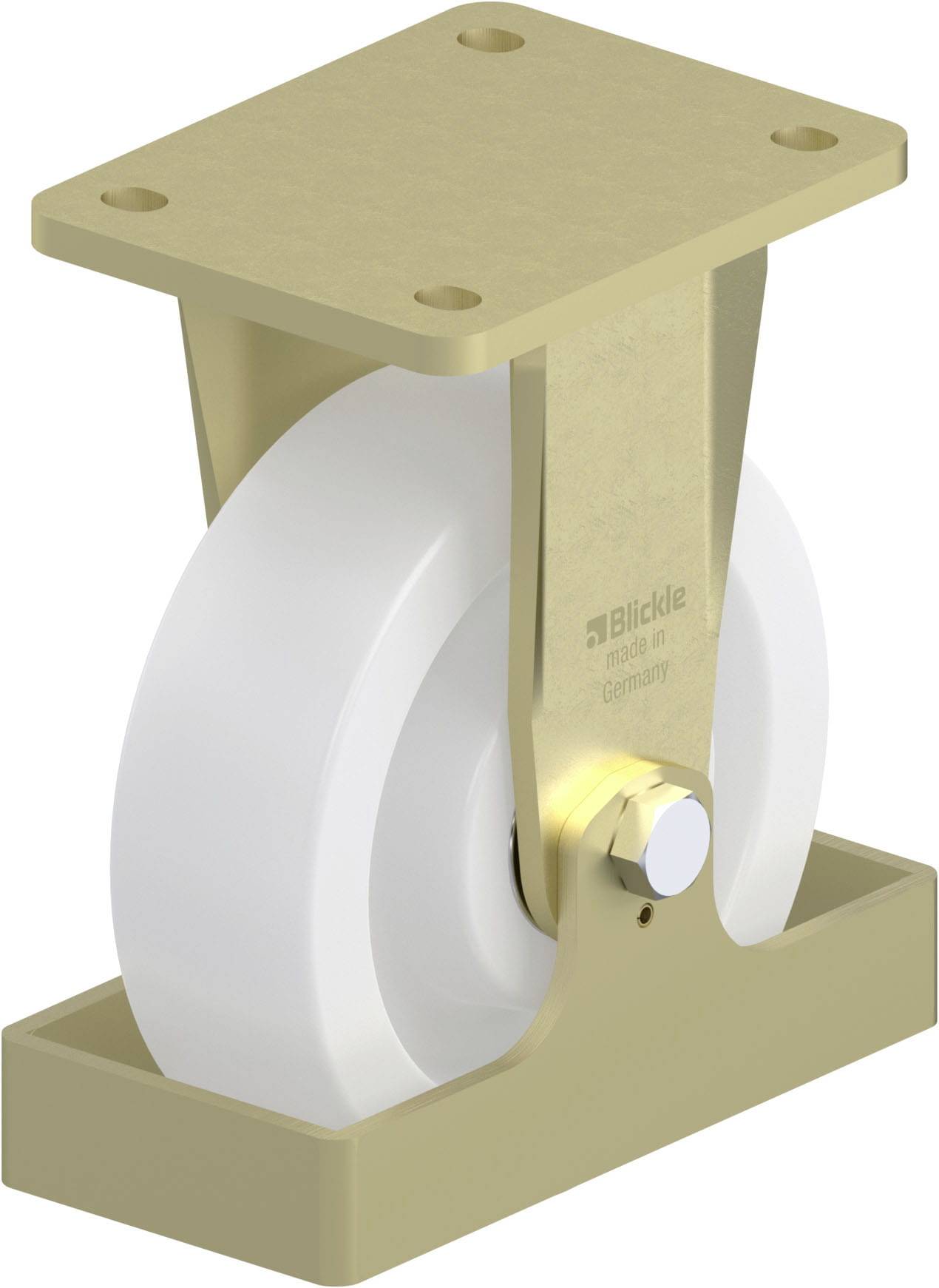 Ein elfenbeinfarbenes Schwerlast-Rad mit rechteckiger Metallplatte und weißen Rädern, geeignet für den industriellen Einsatz.