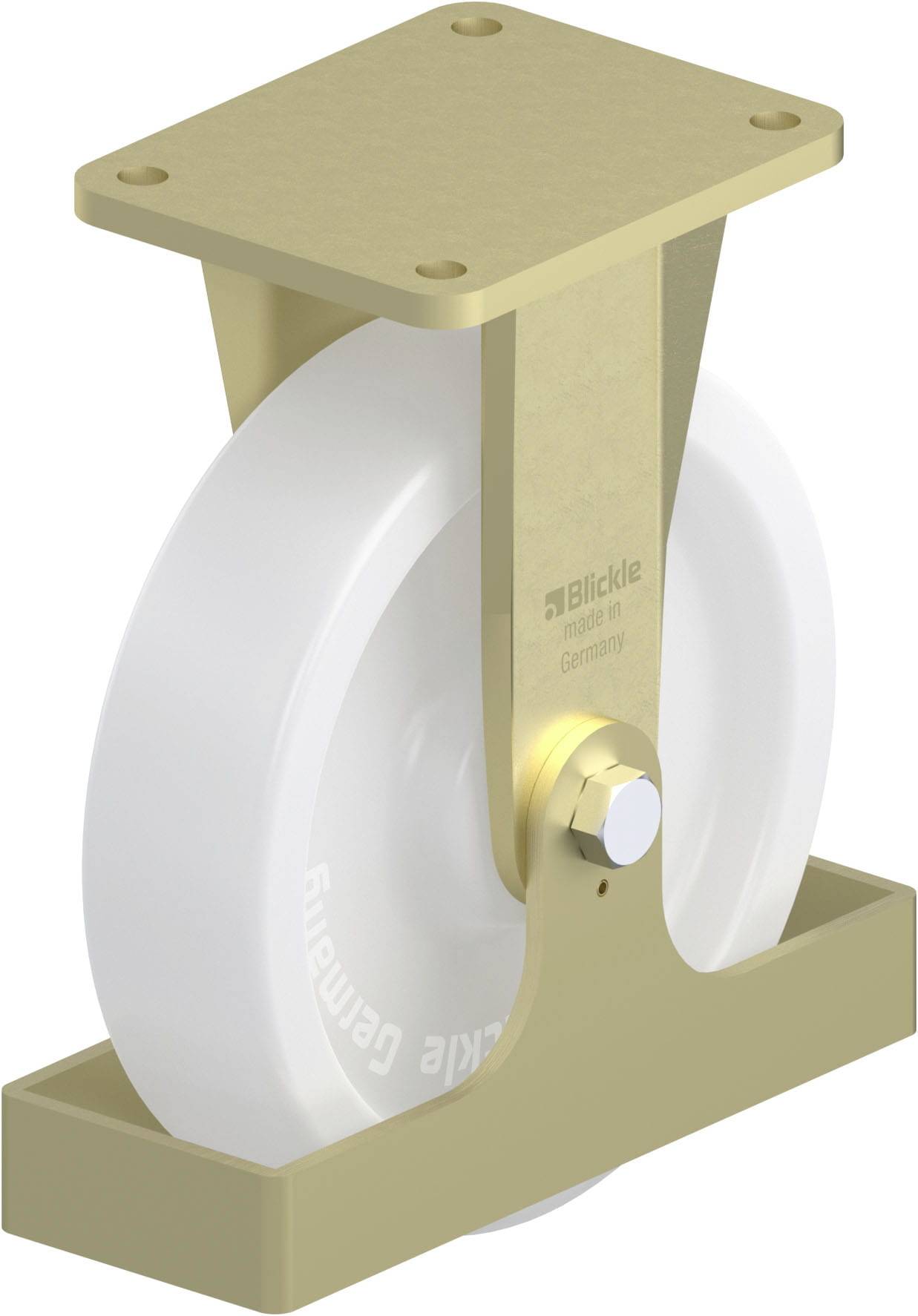 Ein goldenes Schwerlast-Lenkrolle mit weißem Rad aus Kunststoff, seitlich von 'Blickle' geprägt. Geeignet für industrielle Anwendungen.