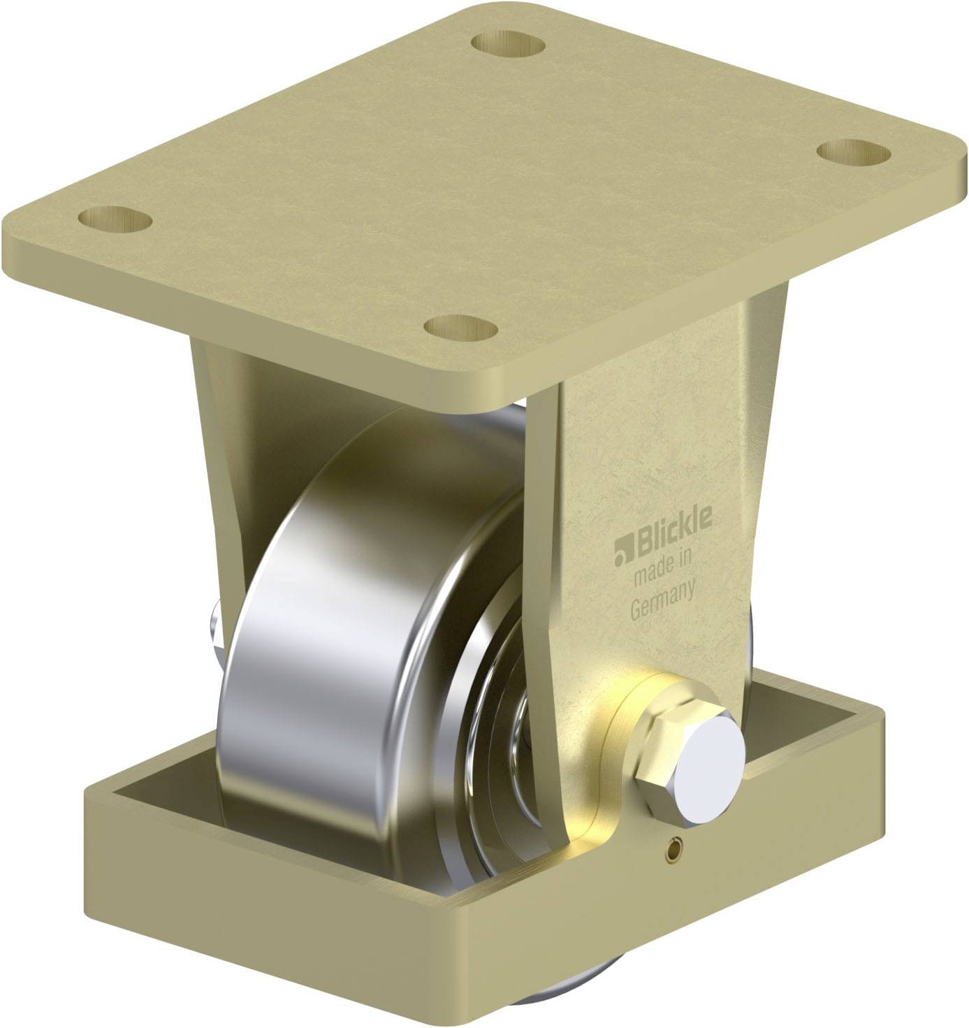 Eine robuste, drehbare Apparaterolle mit rechteckiger Montageplatte, Metallgehäuse und Rad, geeignet für schwere Lasten.