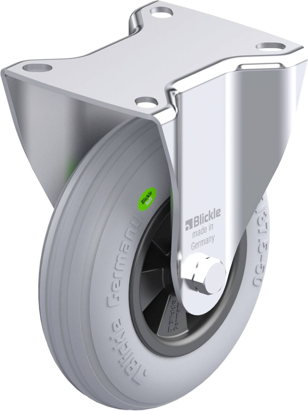 Ein silbernes Rollrad mit grauem Gummi, montiert auf einer Metallhalterung. Auf dem Rad steht 'Blickle, made in Germany'.