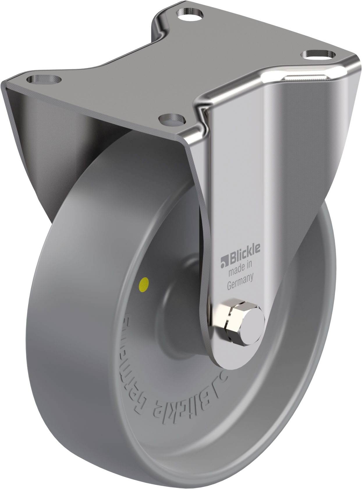 Industrie-Rolle aus Metall und Gummi, mit Halterung und Schraubenzapfen. Etikett mit 'Blickle made in Germany'.