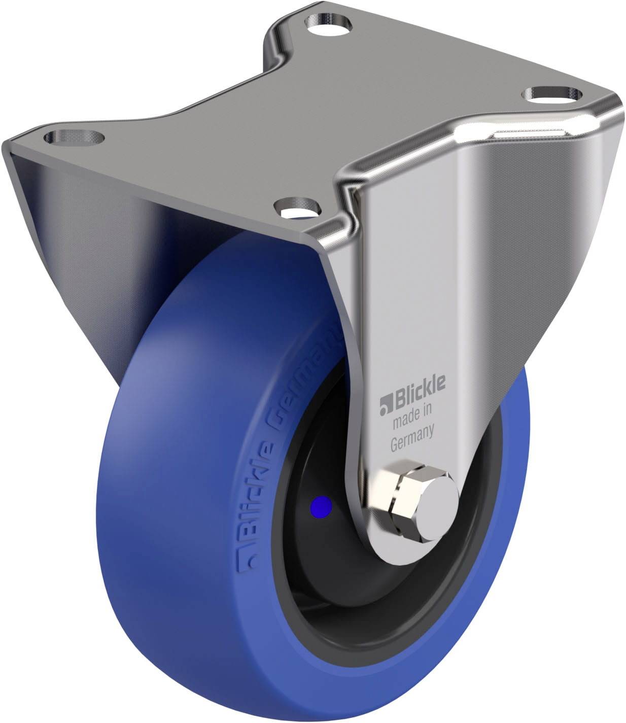 Blaues Rad mit silberner Halterung, hergestellt von Blickle in Deutschland. Gebrauchsfertig und geeignet für Möbel oder Geräte.