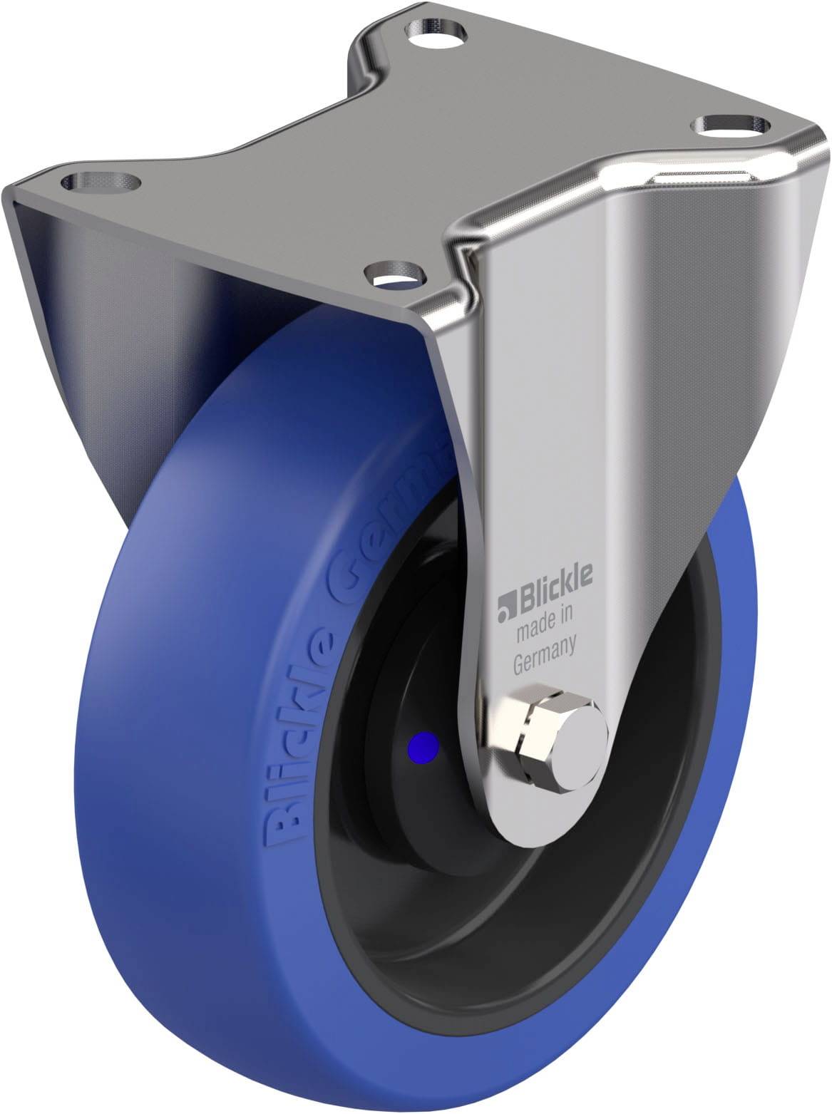 Metallrolle mit blauem Kunststoffrad, montierbar. Markiert 'Blickle made in Germany' auf der Metallschiene.