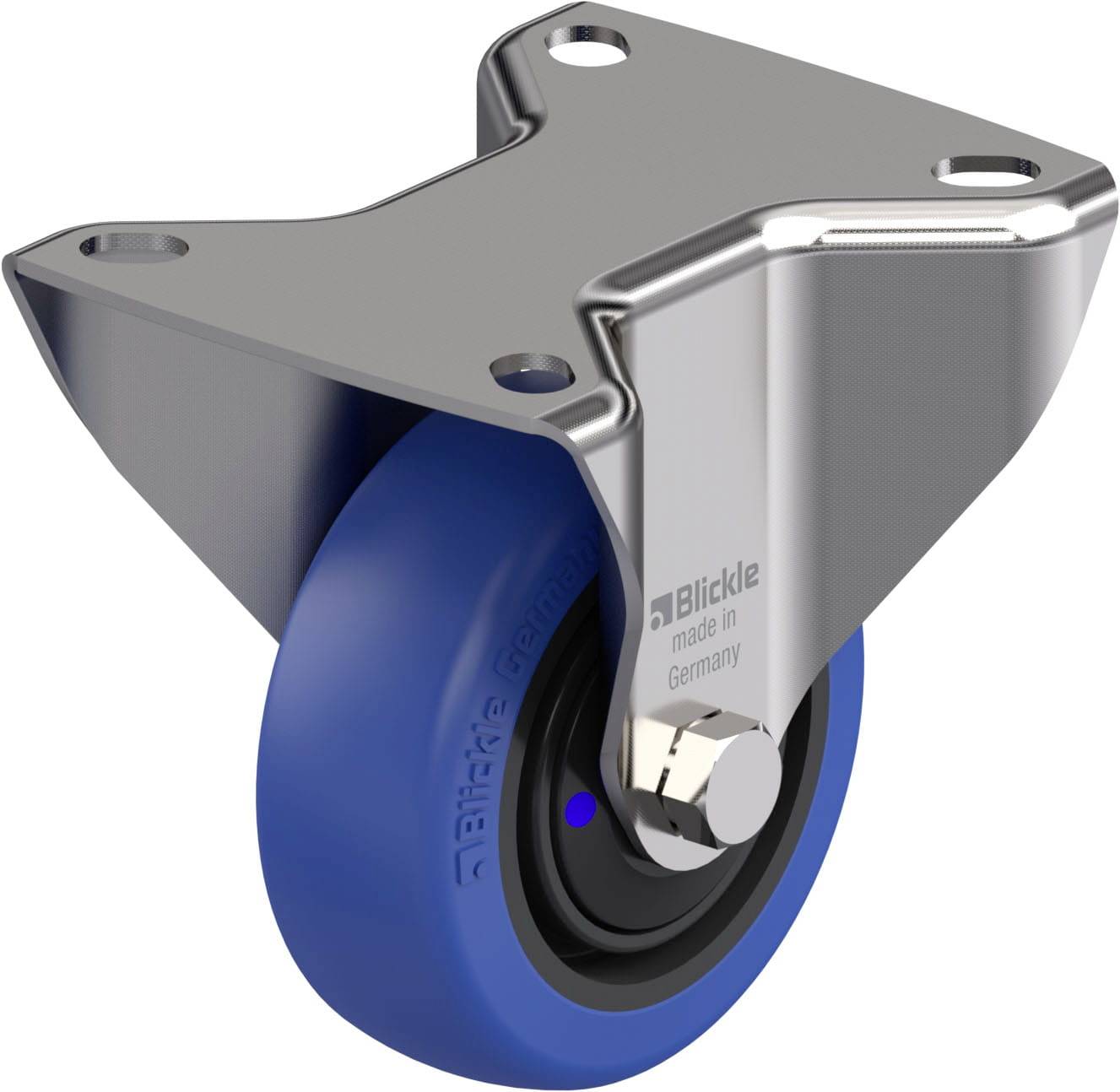 Rollenhalterung aus Metall mit fest verbautem, blauem Rad, markiert mit 'Blickle made in Germany'. Hauptsächlich für Industrieanwendungen.