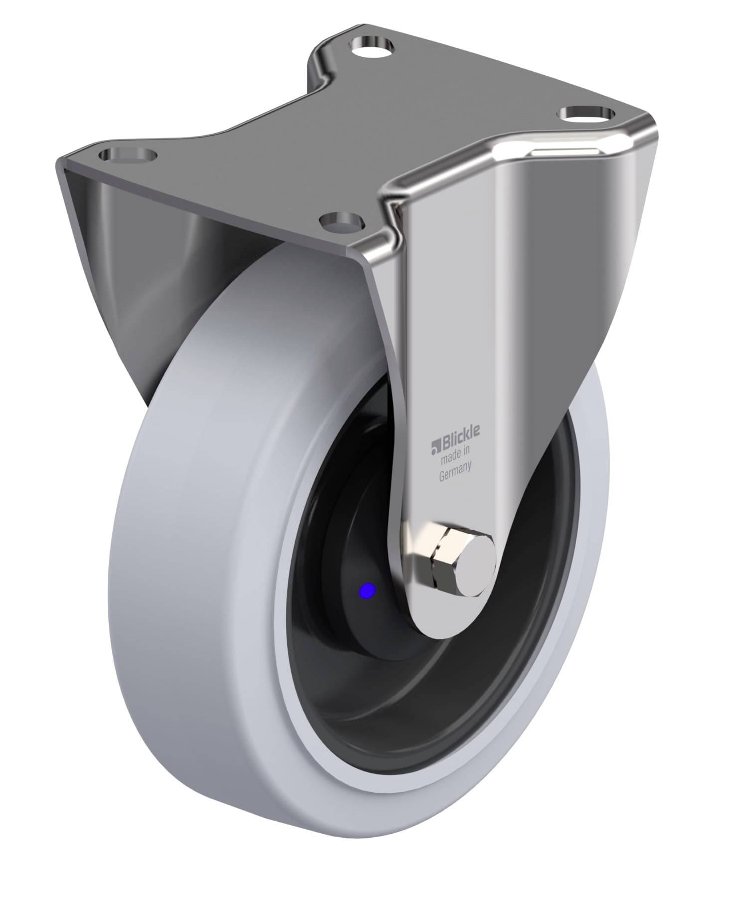 Industrie-Rollenrad mit grauem Gummi und einem stabilen, silbernen Metallgehäuse, geeignet für schwere Lasten und industrielle Anwendungen.