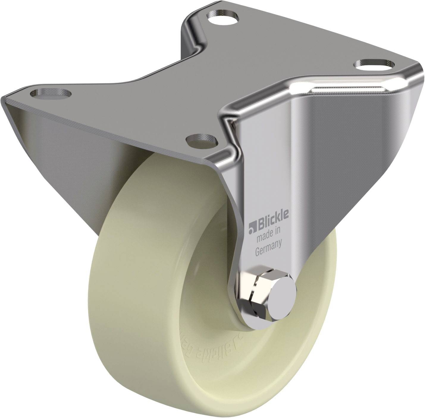 Ein Schwerlast-Lenkrolle mit weißem Rad und verchromtem Gehäuse, geeignet für industrielle Anwendungen.