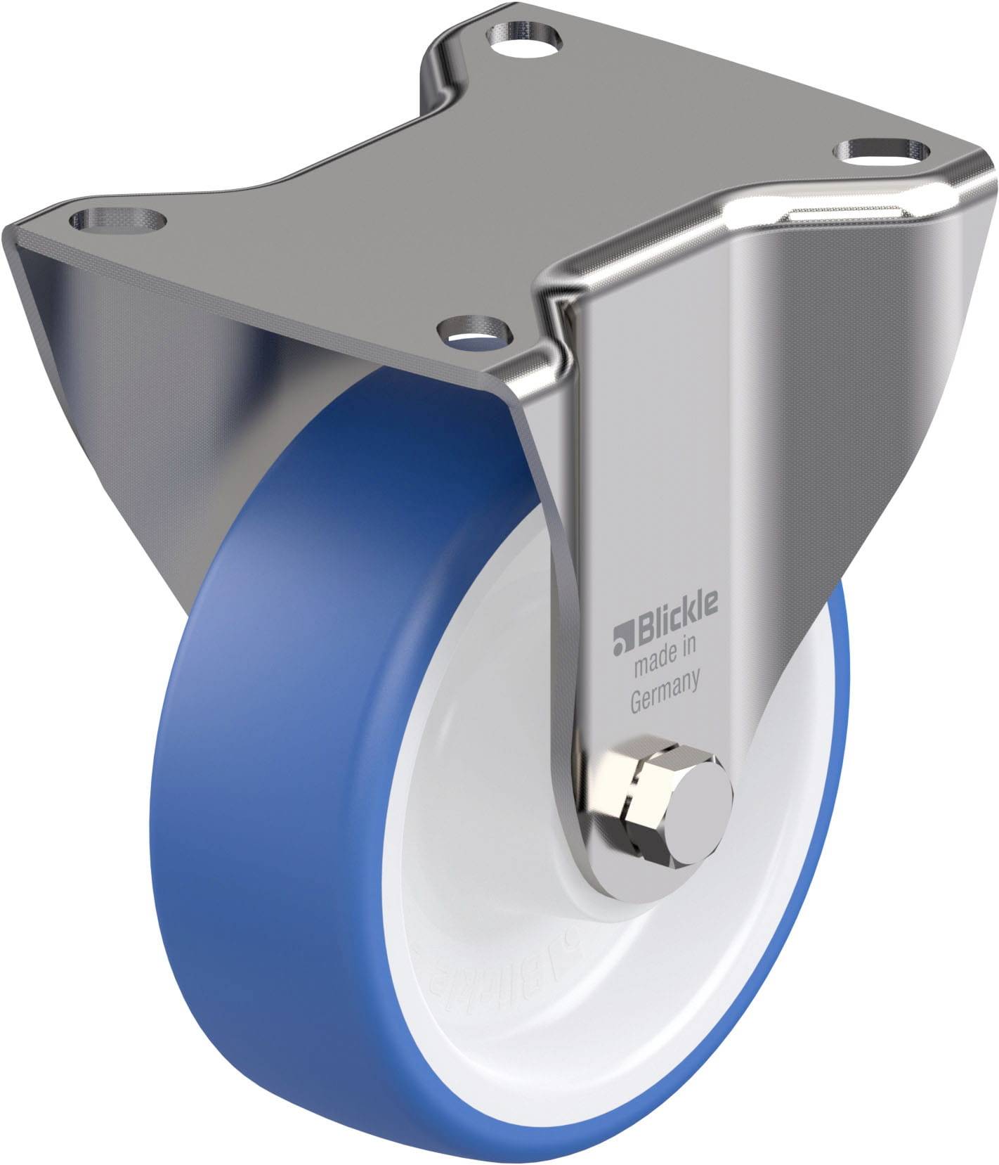 Ein Metallrollenlager mit einem blauen Rad und einem Montagesockel. Text auf dem Lager: 'Blickle Made in Germany'.