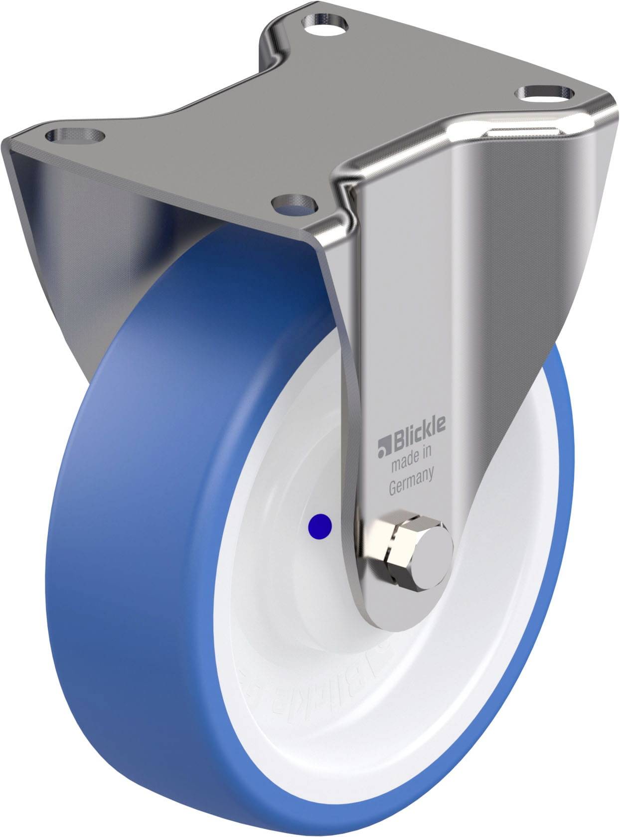 Industrie-Rolle mit blauem Rad und silbernem Metallgehäuse, markiert mit 'Blickle made in Germany'.