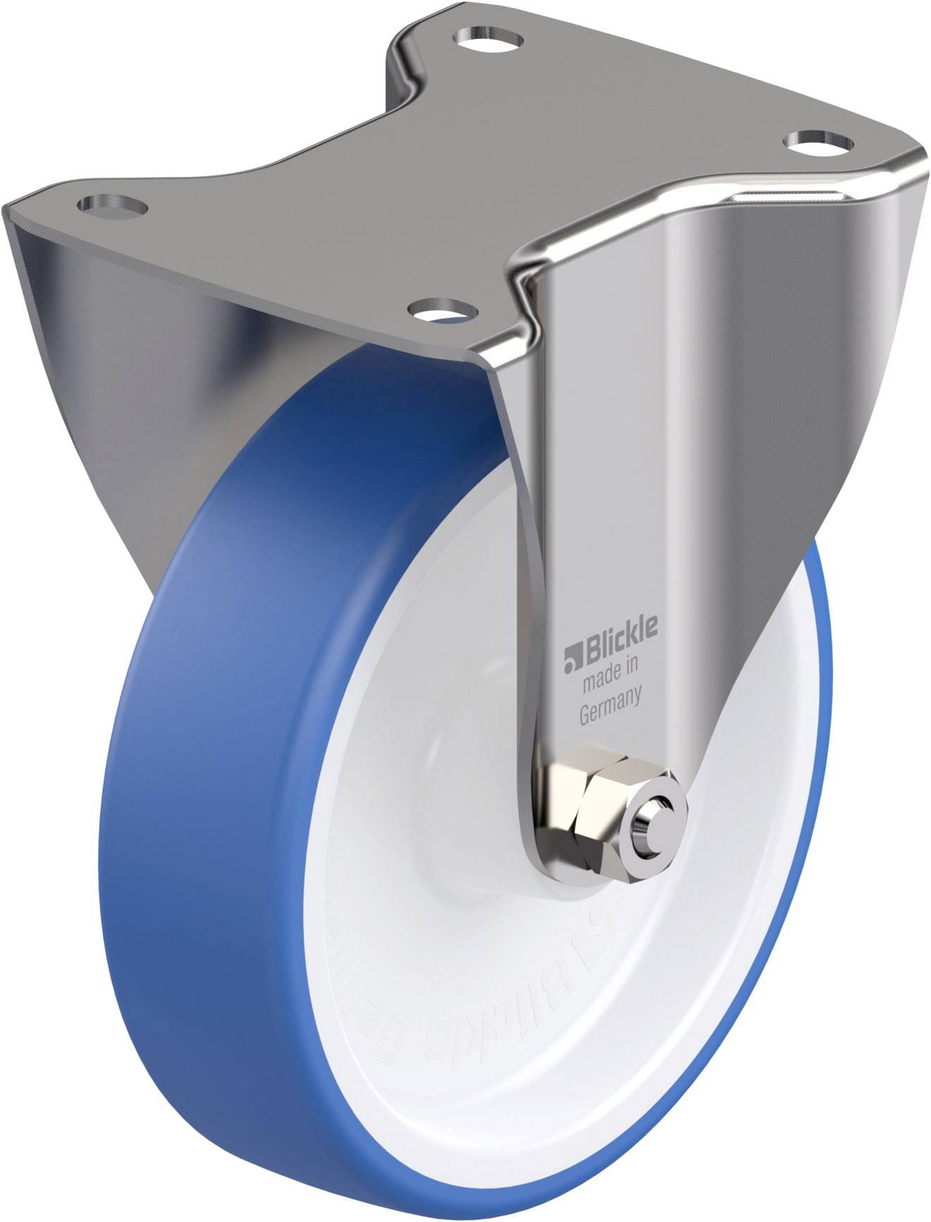 Metallisches Lenkrolle mit blauer Gummierung. Geeignet für Möbel oder Industrieanwendungen. Solide Verarbeitung und robustes Design.