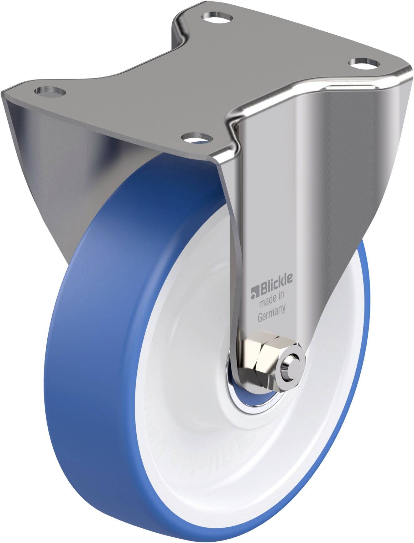 Metallisches Lenkrollengehäuse mit einer blauen, gummierten Radfläche, sie zeigt die Aufschrift 'Blickle Made in Germany'.