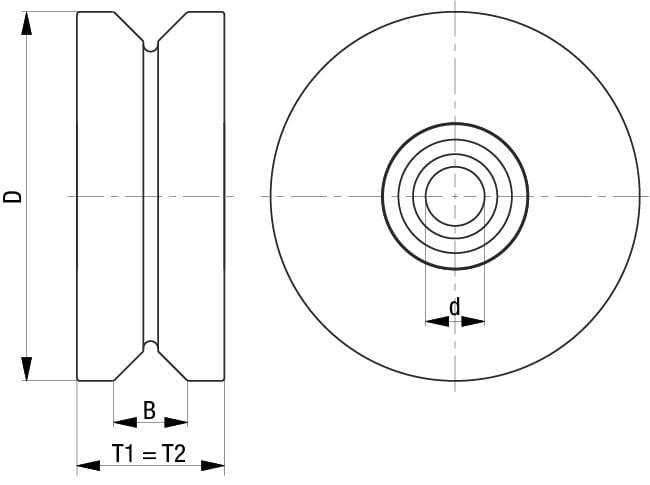Technische Zeichnung einer Scheibe mit Maßangaben: Durchmesser D, Breite B, innere Durchmesser d und gleiche T1, T2-Tiefe.