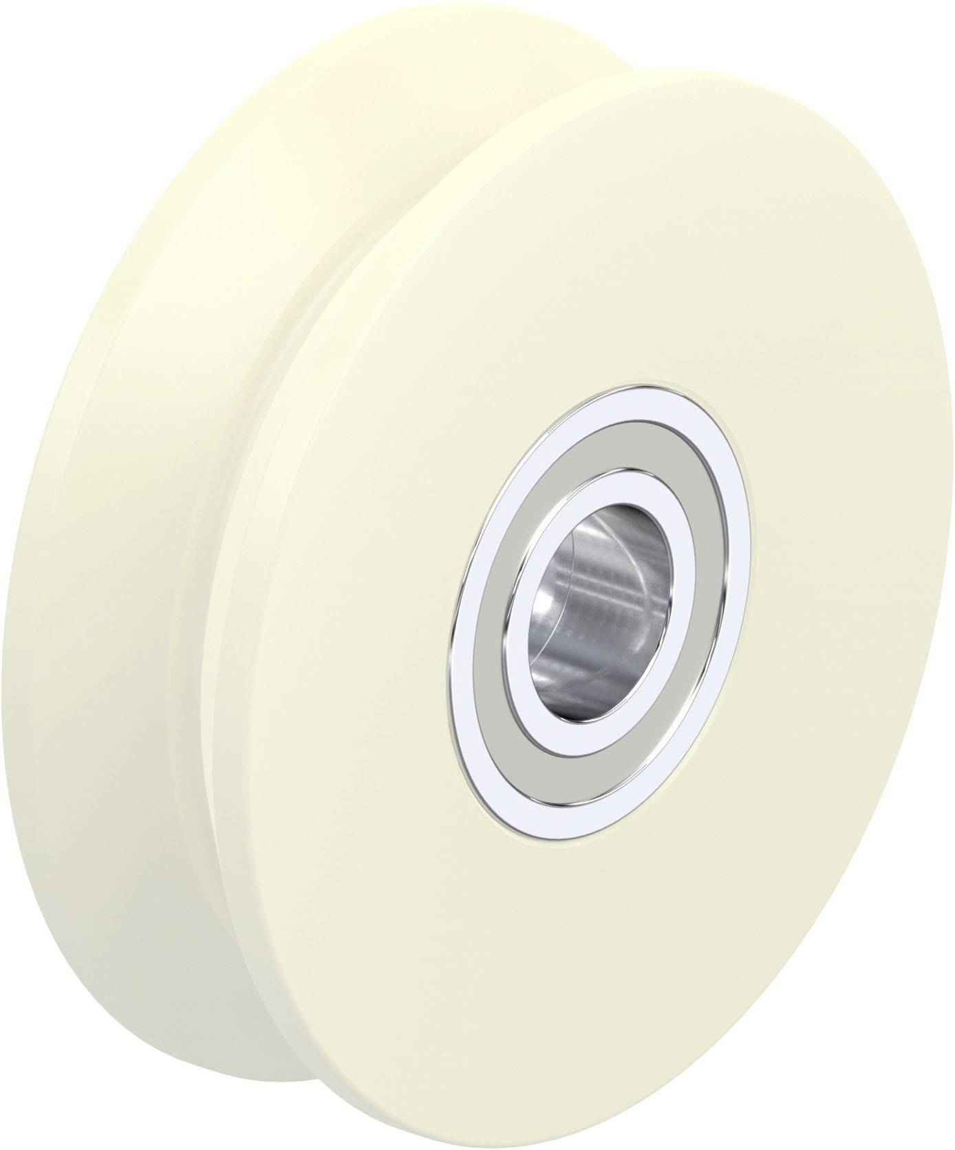 Helles Kunststoffrad mit Kugellager, seitliche Nut für Seilführung, vor weißem Hintergrund, zeigt technische Details eines Umlenkrollenrades.