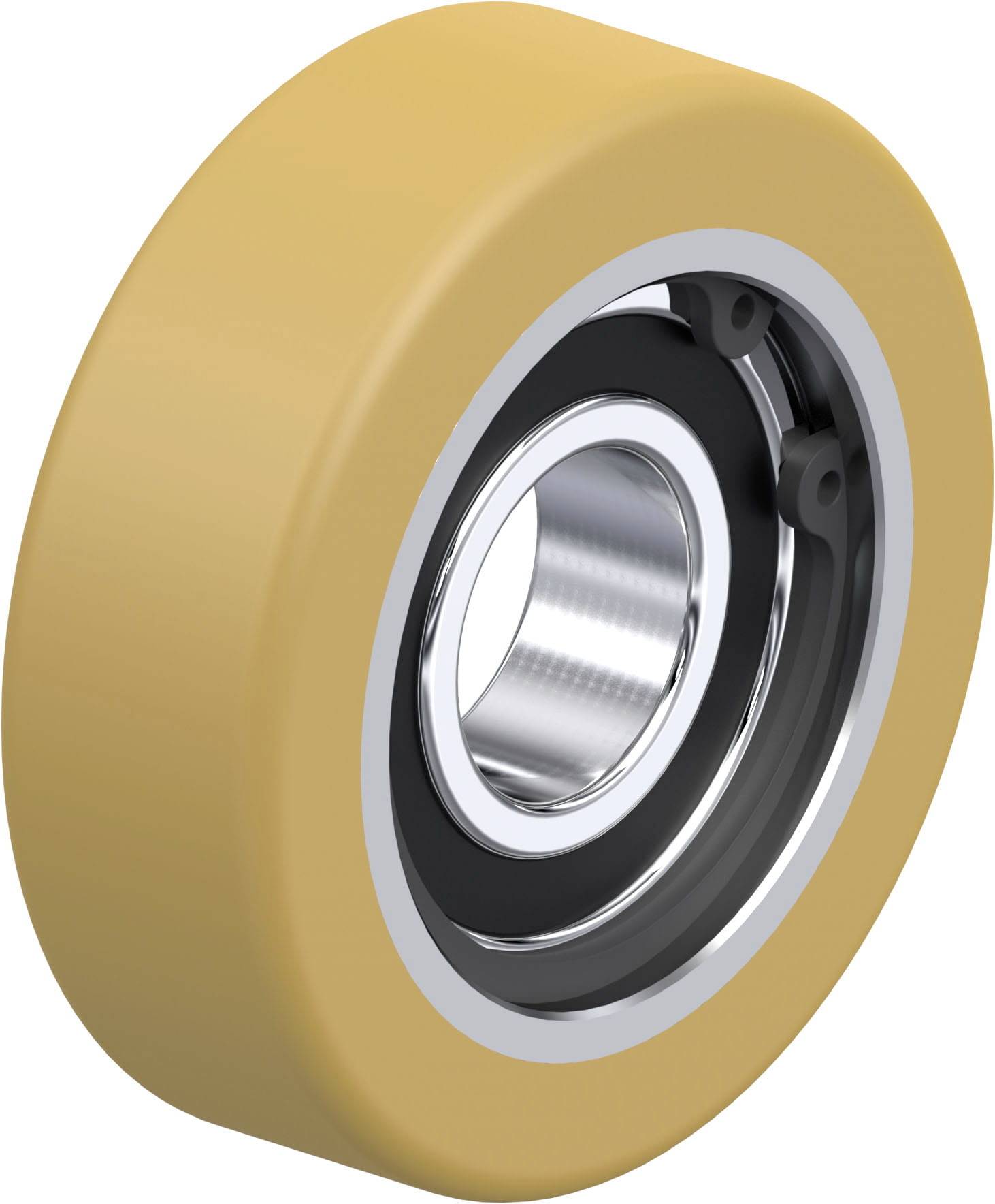 Ein gelbes Rad mit schwarzem Ring und silbernem Zentrum, vermutlich ein Industrie- oder Maschinenbauteil.