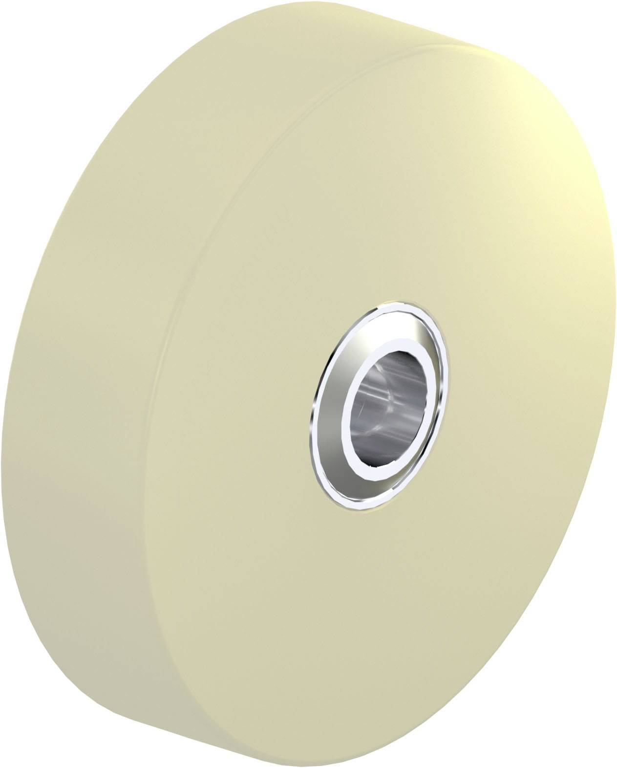Beige Scheibe mit Metallring in der Mitte, möglicherweise ein Rad oder eine Rolle.