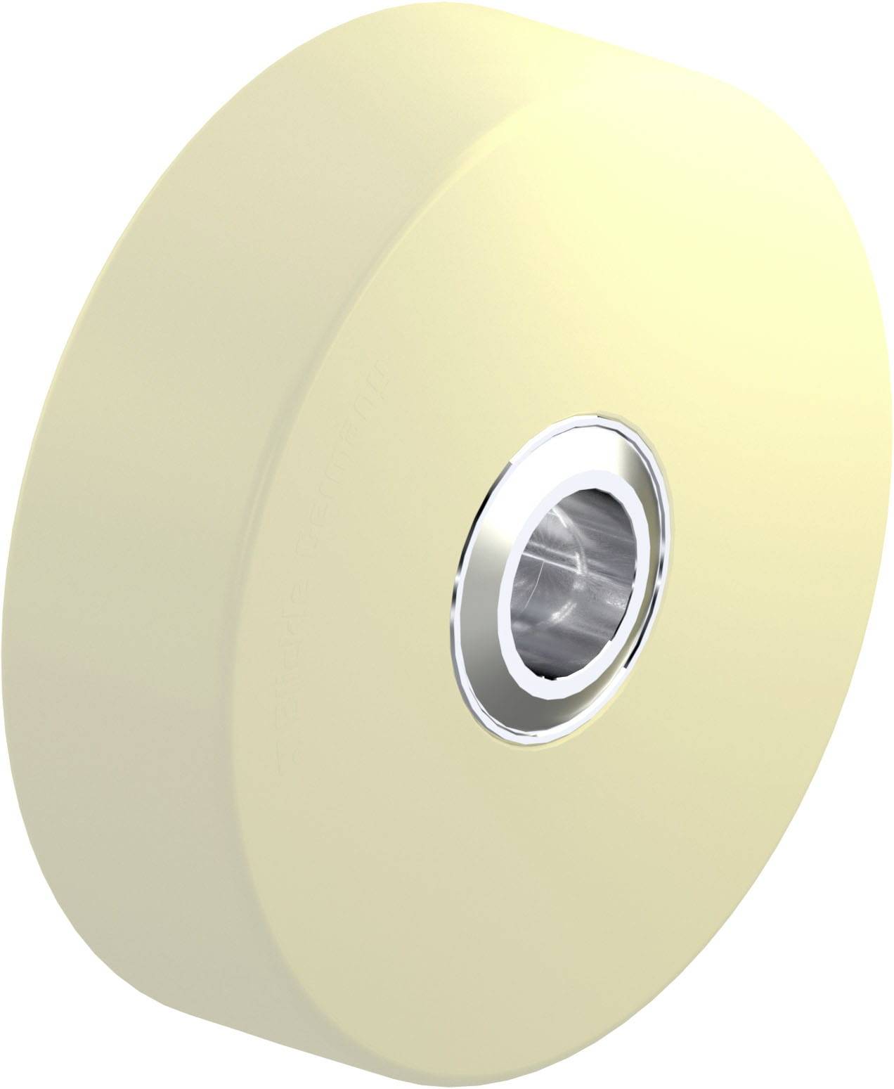 Beige, rundes Laufrad mit silbernem Metallkern, geeignet für Möbel oder Geräte.