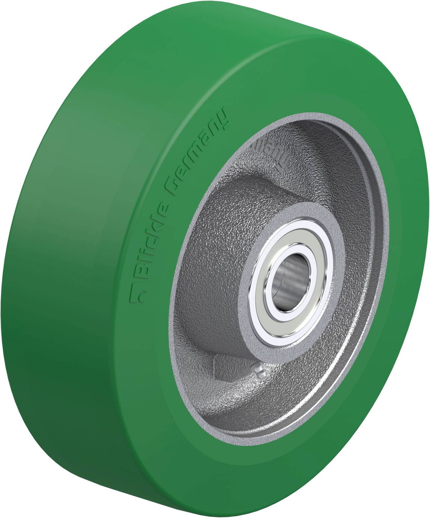Grünes Rad mit silbernem Lager aus Metall, geeignet für industrielle Anwendungen.