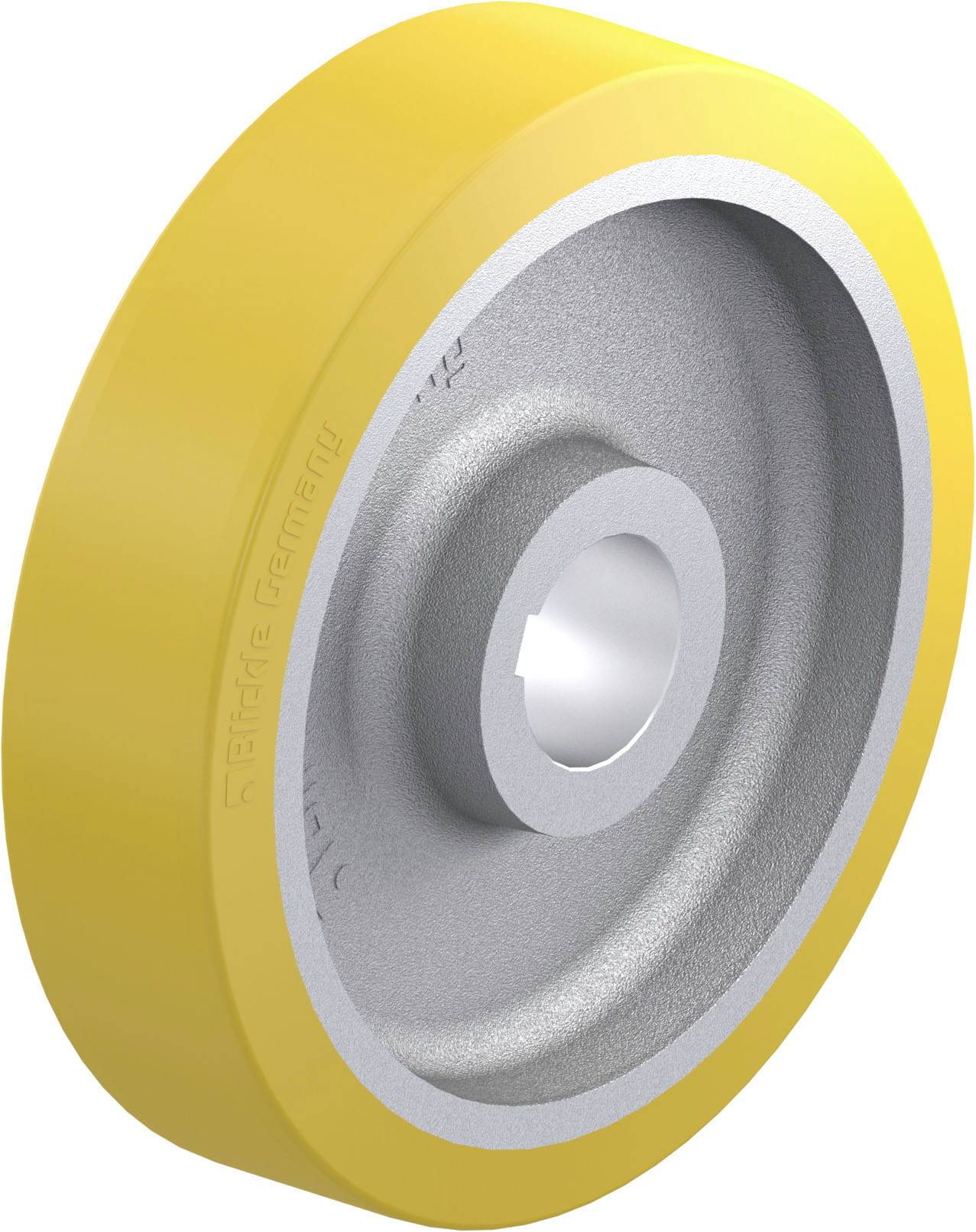 Gelbes Rad mit metallischer Innenfläche und zentralem Loch, geeignet für industrielle Anwendungen oder Maschinenbau.