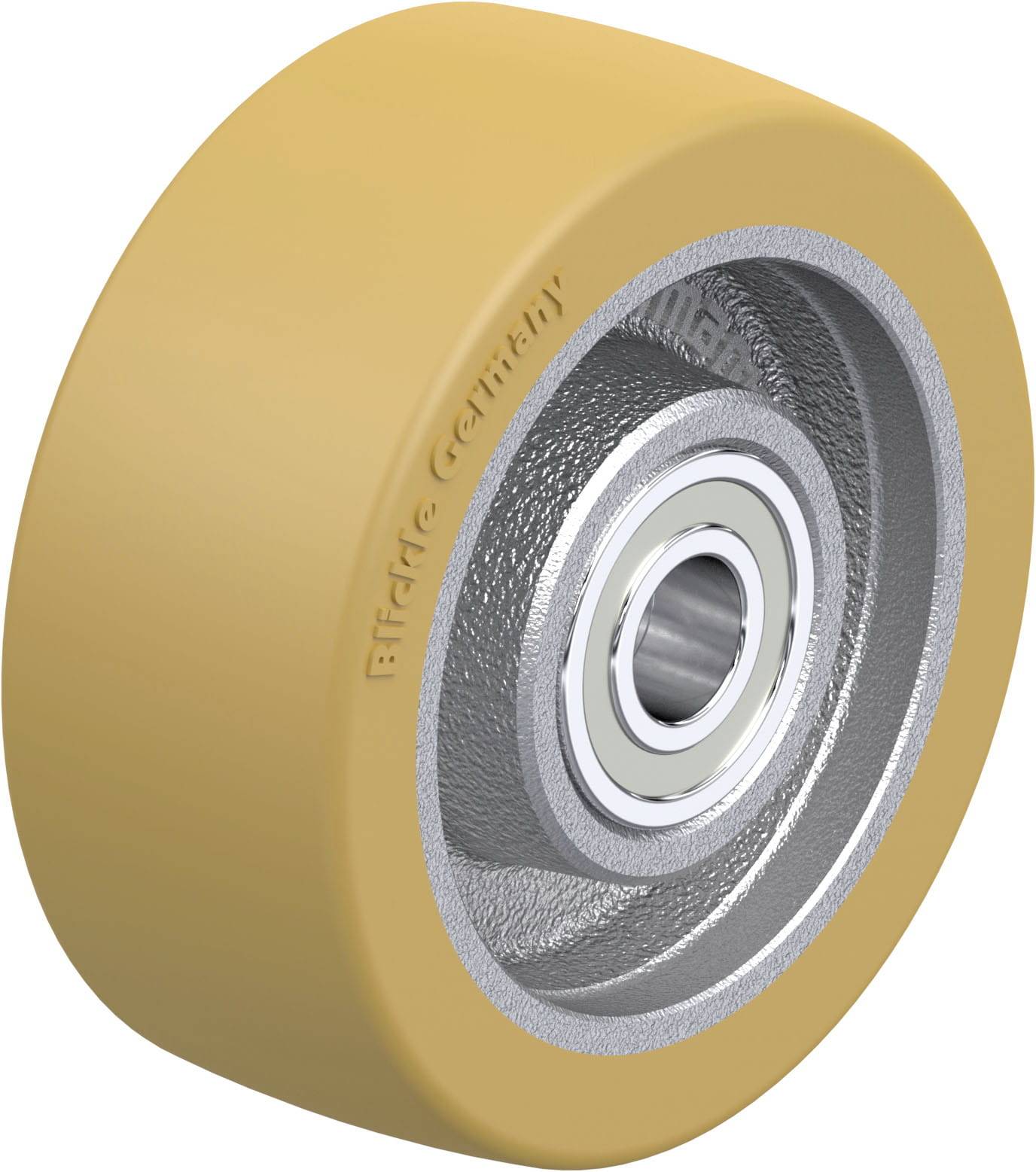 Gelbes Rad mit Metallkern und Kugellager, ideal für industrielle Anwendungen oder Transportwagen.