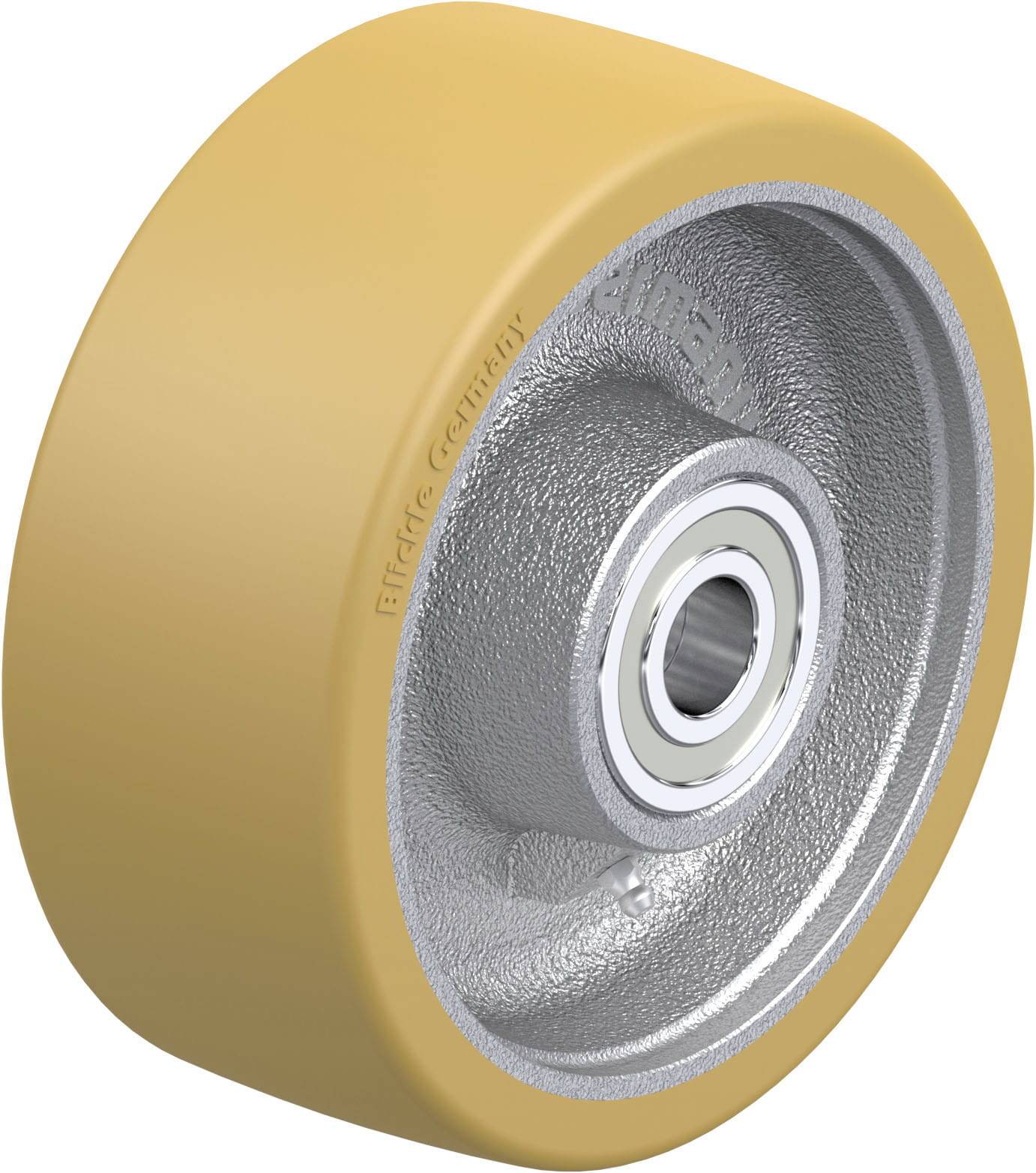 Ein einzelnes, goldfarbenes Rad mit silbernem Metallkern und Kugellager, geeignet für industrielle Anwendungen.