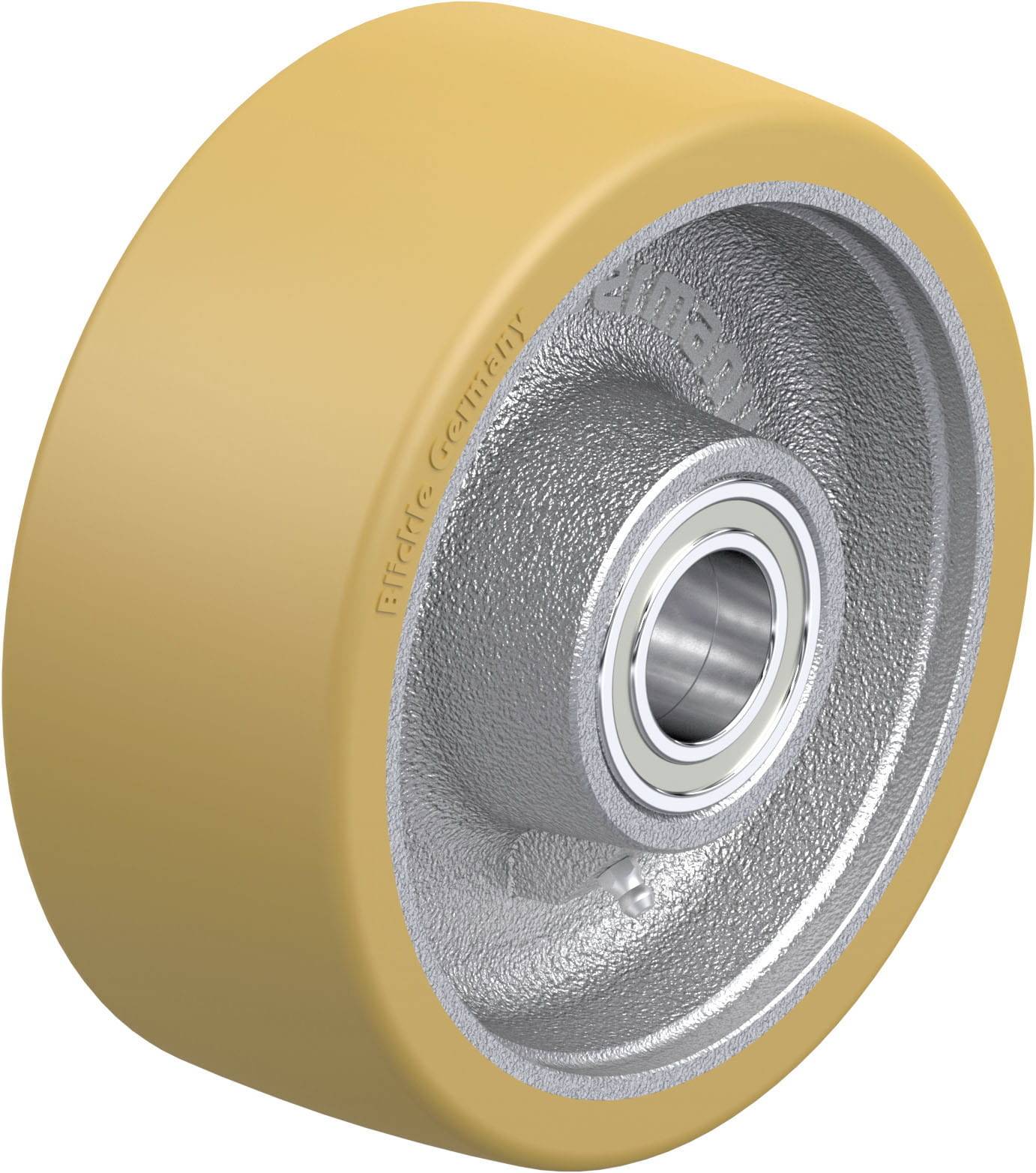 Orange Rolle aus Polyurethan mit silbernem inneren Metallkern und Kugellager, oft verwendet für industrielle Anwendungen.