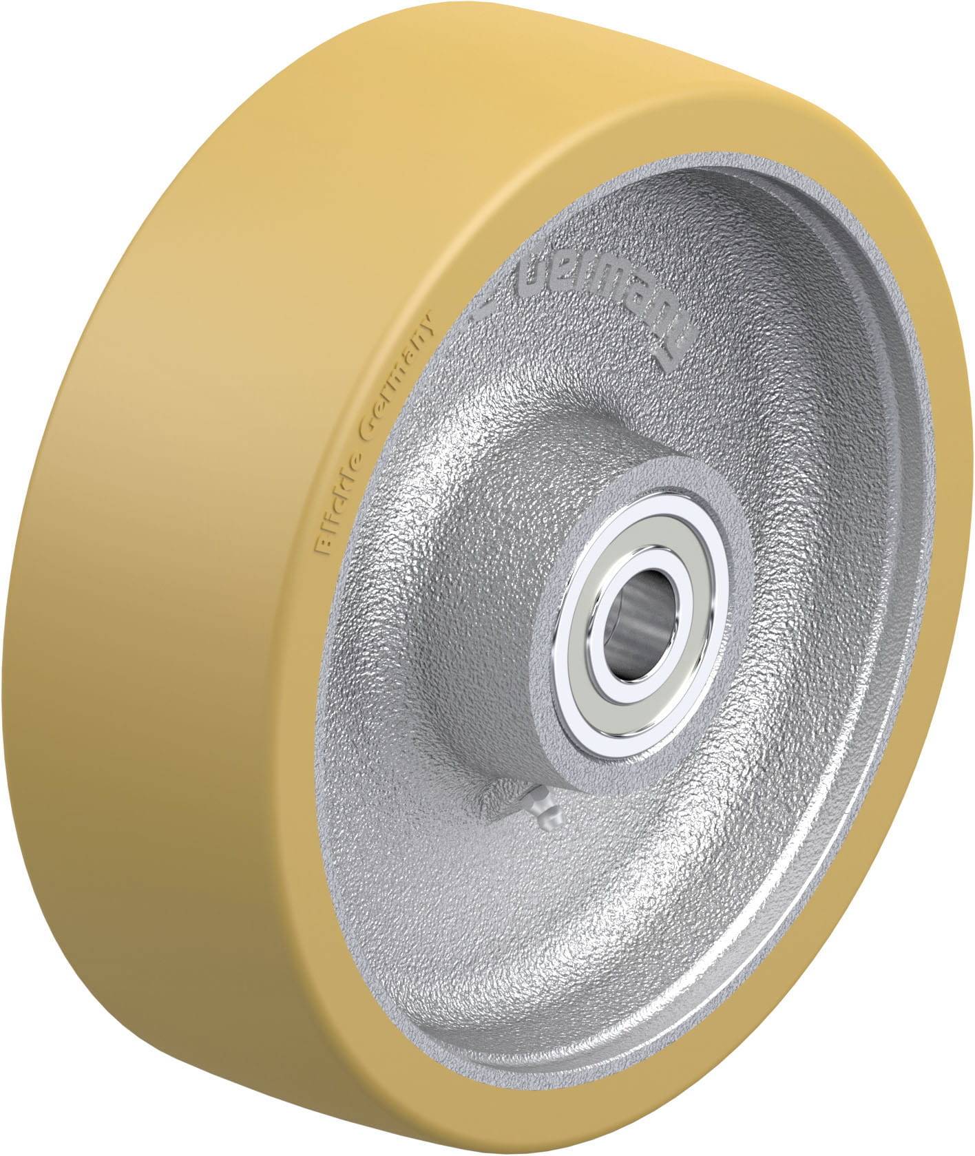 Gelbes Rad aus Polyurethan mit einem grauen Metallkern und Kugellager in der Mitte. Designed für industrielle Anwendung.