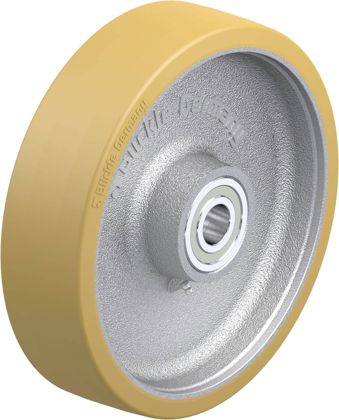 Ein industrielles Rad mit gelbem Reifen und silbernem Metallkern, geeignet für Maschinen oder Transportgeräte in Fabrikumgebungen.