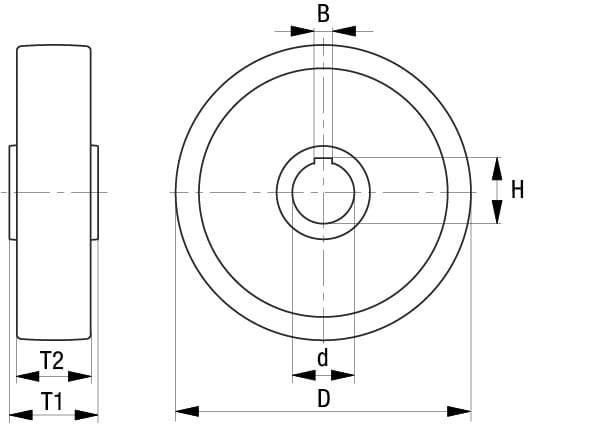 Zeichnung eines Lagers in Seiten- und Draufsicht, zeigt Maße B, D, d, H, T1, T2.