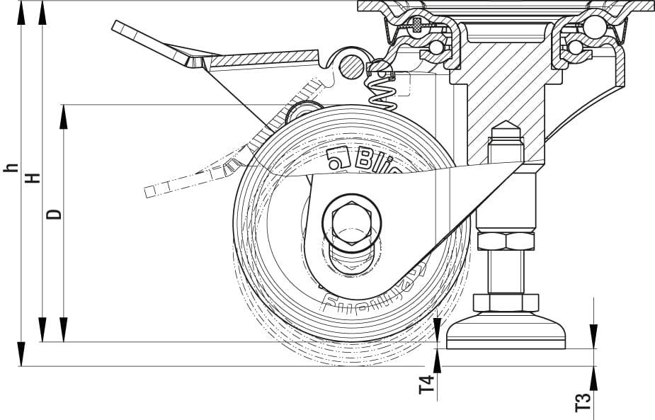 Technische Zeichnung einer mechanischen Vorrichtung mit Zahnrädern und Federn, zeigt die genauen Maße und Bauteile im Querschnitt.