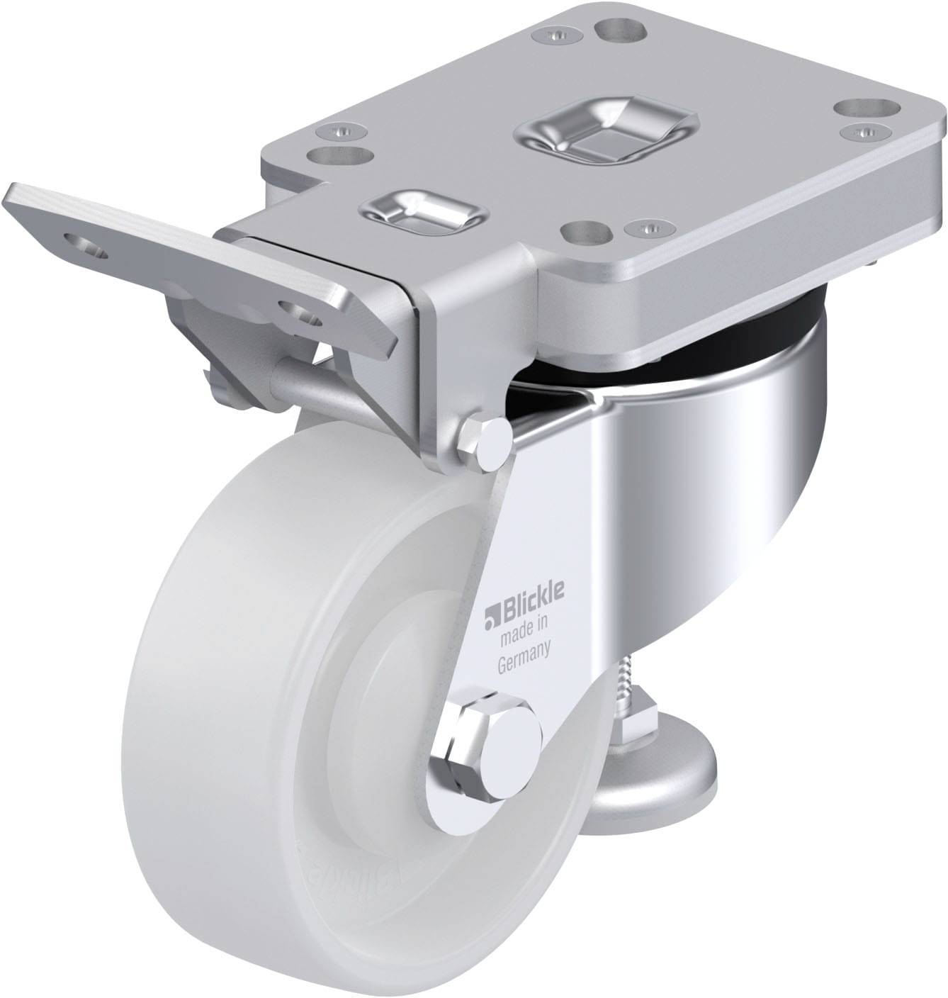 Das Bild zeigt eine graue Lenkrolle mit Montageplatte und weißem Rad, markiert mit 'Blickle, made in Germany'. Geeignet für Möbel oder Geräte.