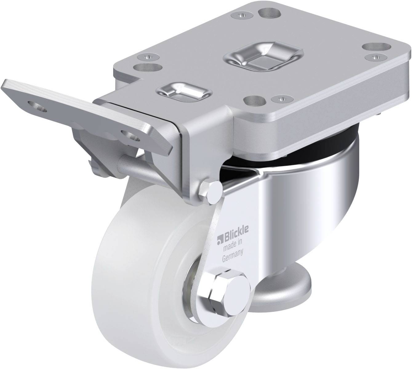 Metallisches Lenkrollengehäuse mit weißem Rad, geeignet für den Einsatz in Möbel oder Equipment, aus Deutschland.