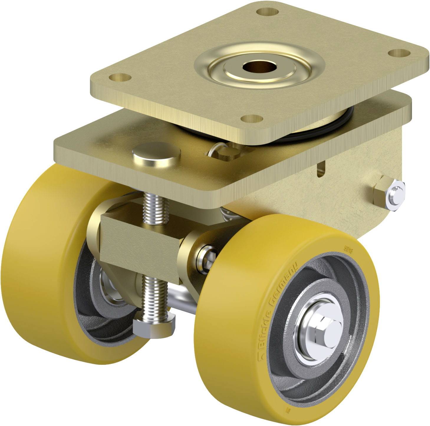 Ein industrieller Schwerlast-Lenkrollenmechanismus mit doppelten gelben Rädern und einer robusten Montageplatte für Maschinen.